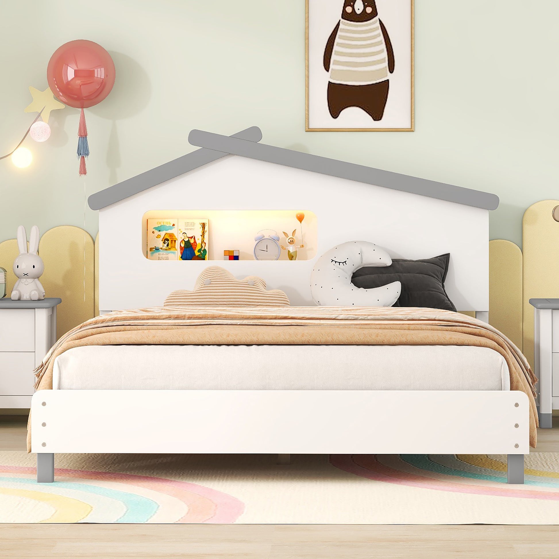 Full Size Wood Platform Bed With House Shaped Headboard And Motion Activated Night Lights White Gray White Wood