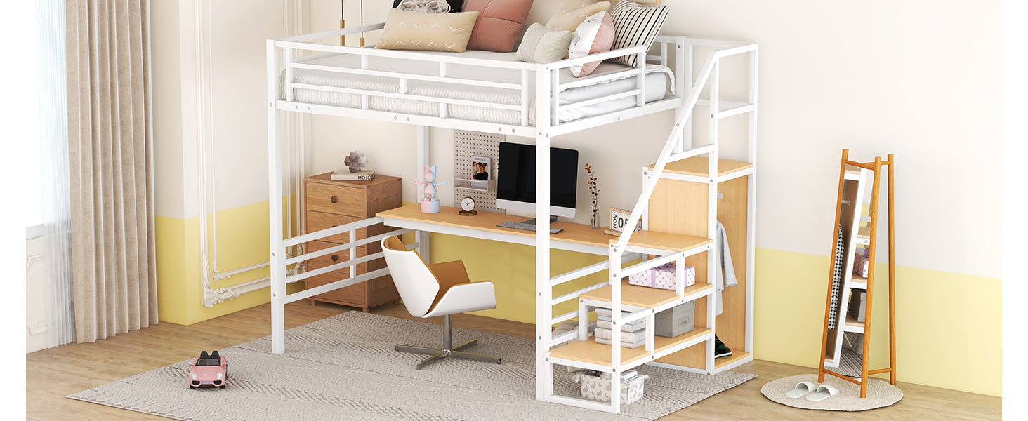 Full Size Metal Loft Bed With Desk, Storage Staircase And Small Wardrobe, Storage Stairs Can Be Installed Left And Right, White Box Spring Not Required Full White Metal Bedroom Bed Frame Metal