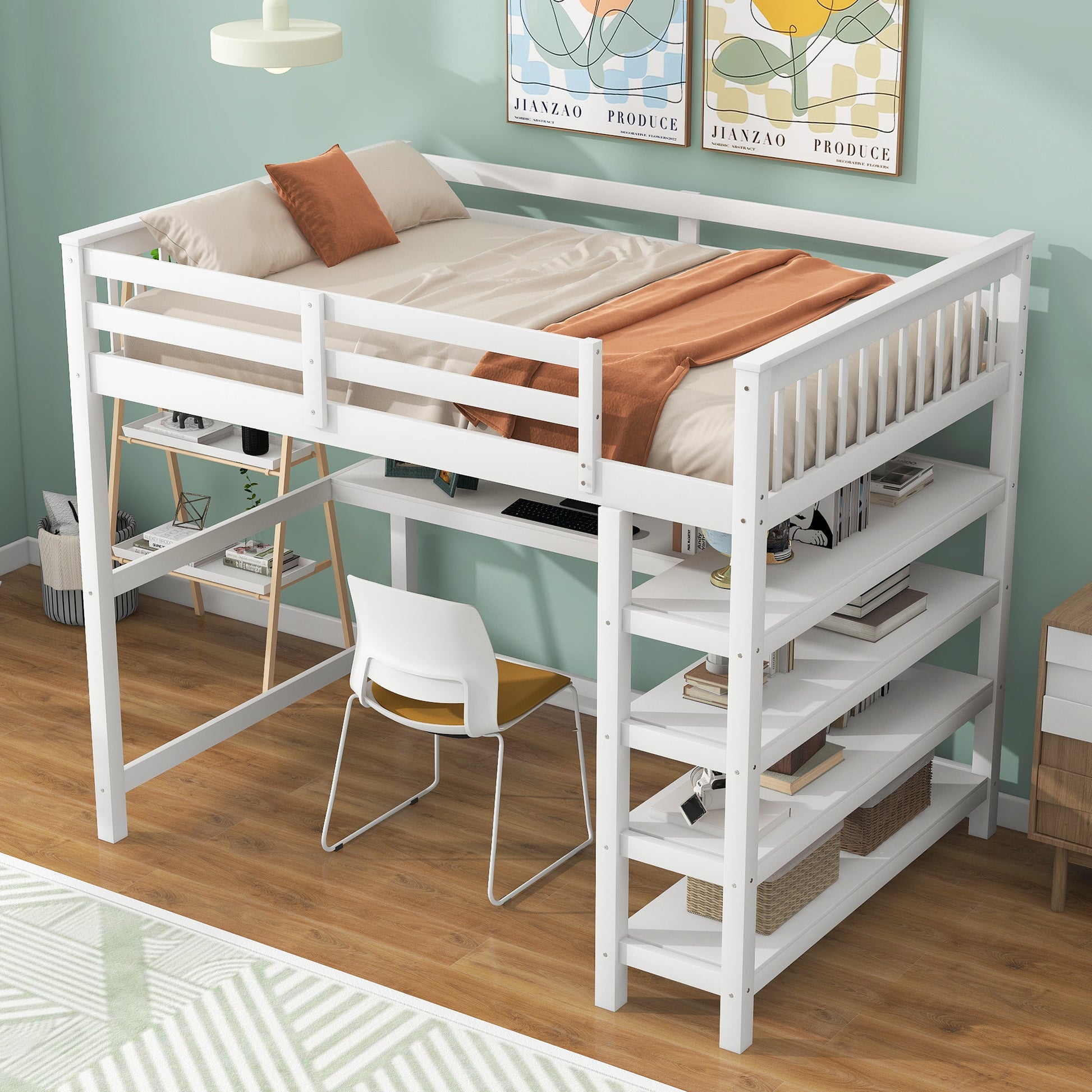 Full Size Loft Bed With Storage Shelves And Under Bed Desk, White Box Spring Not Required Full White Wood Bedroom Pine