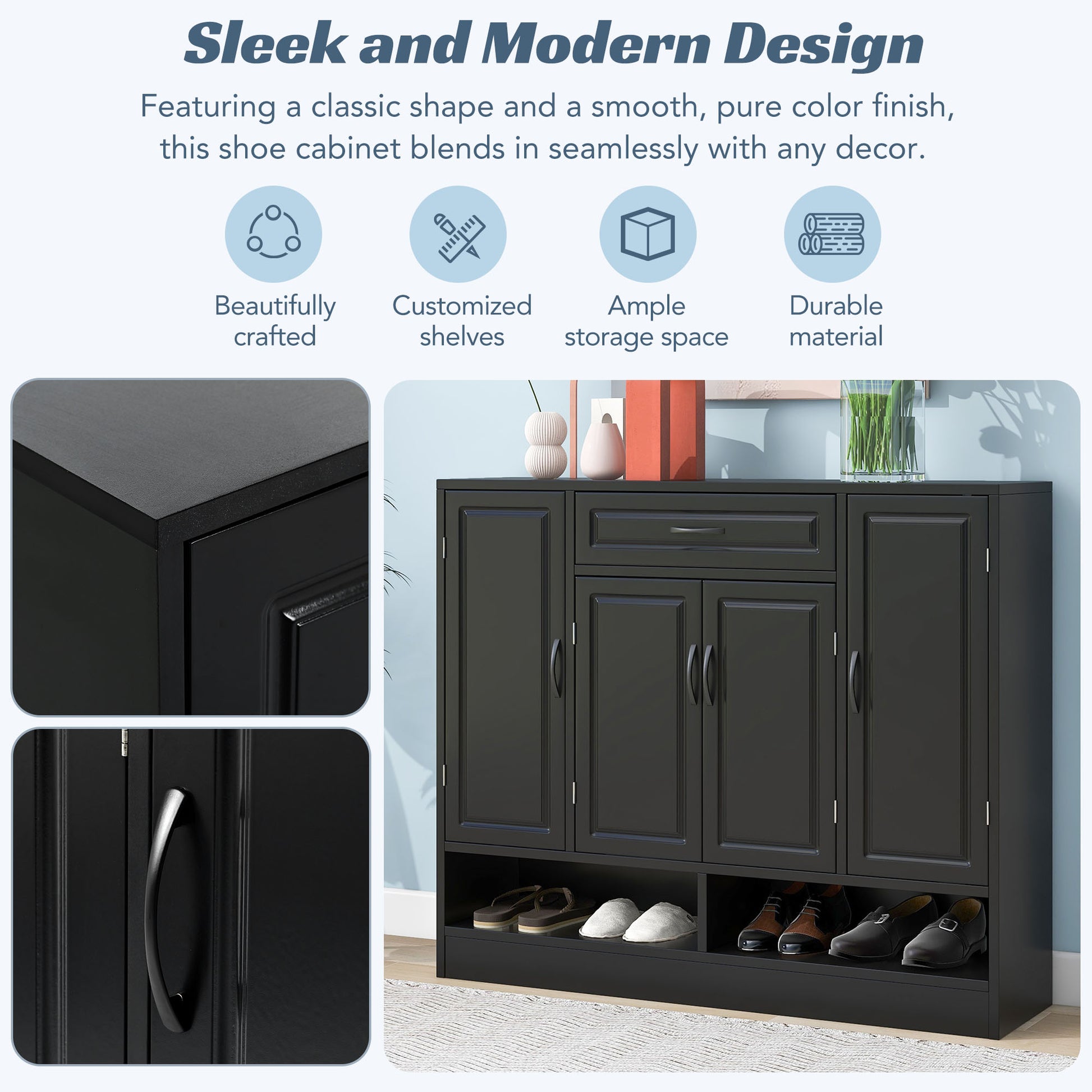 Sleek And Modern Shoe Cabinet With Adjustable Shelves, Minimalist Shoe Storage Organizer With Sturdy Top Surface, Space Saving Design Side Board For Various Sizes Of Items, Black Square 3 4 Spaces Black Primary Living Space Shelves Included Particle