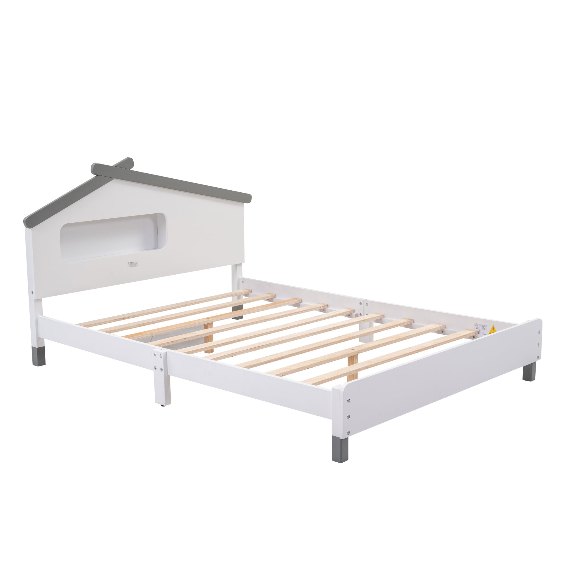 Full Size Wood Platform Bed With House Shaped Headboard And Motion Activated Night Lights White Gray White Wood