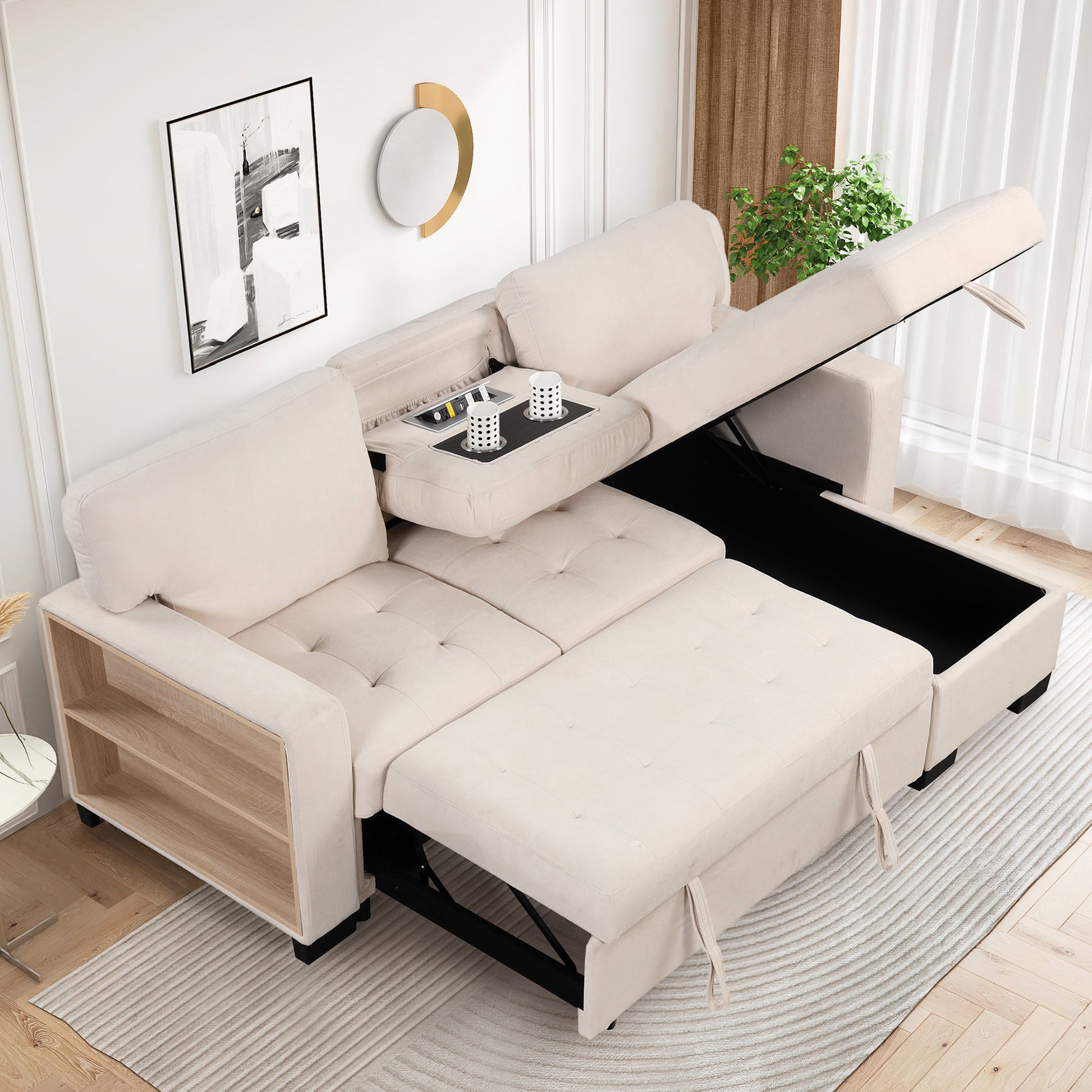 Stylish And Functional Light Chaise Lounge Sectional With Storage Rack Pull Out Bed Drop Down Table And Usb Charger Beige Beige Foam Spring