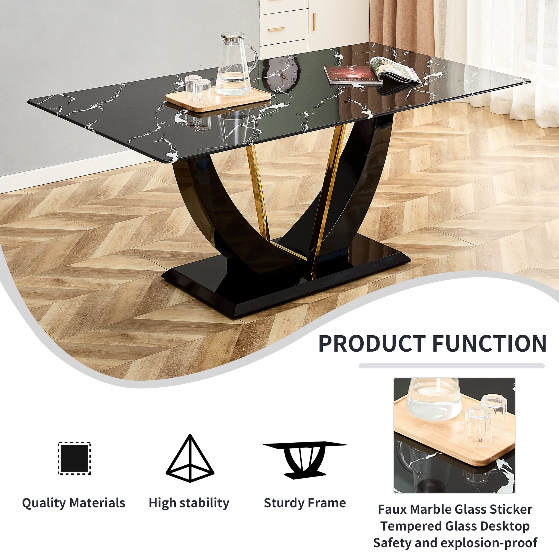 Modern Minimalist And Luxurious Black Imitation Marble Texture Dining Table Rectangular Office Desk.Game Desk .Desk.For Dining Room, Living Room, Terrace, Kitchen F 907 Black Mdf