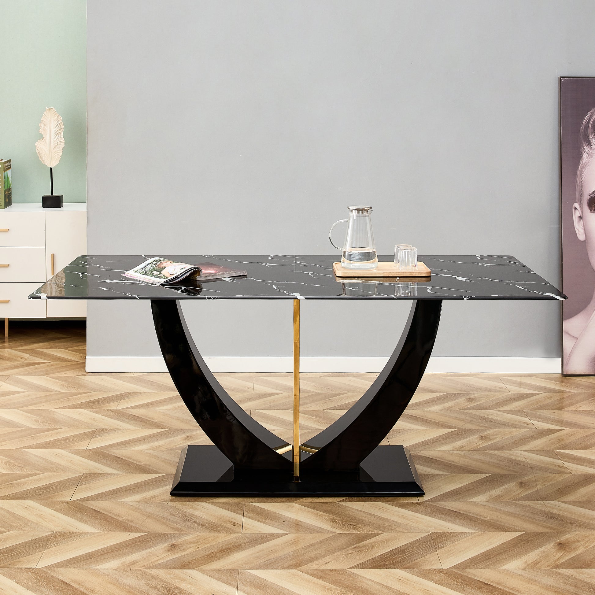 Modern Minimalist And Luxurious Black Imitation Marble Texture Dining Table Rectangular Office Desk.Game Desk .Desk.For Dining Room, Living Room, Terrace, Kitchen F 907 Black Mdf