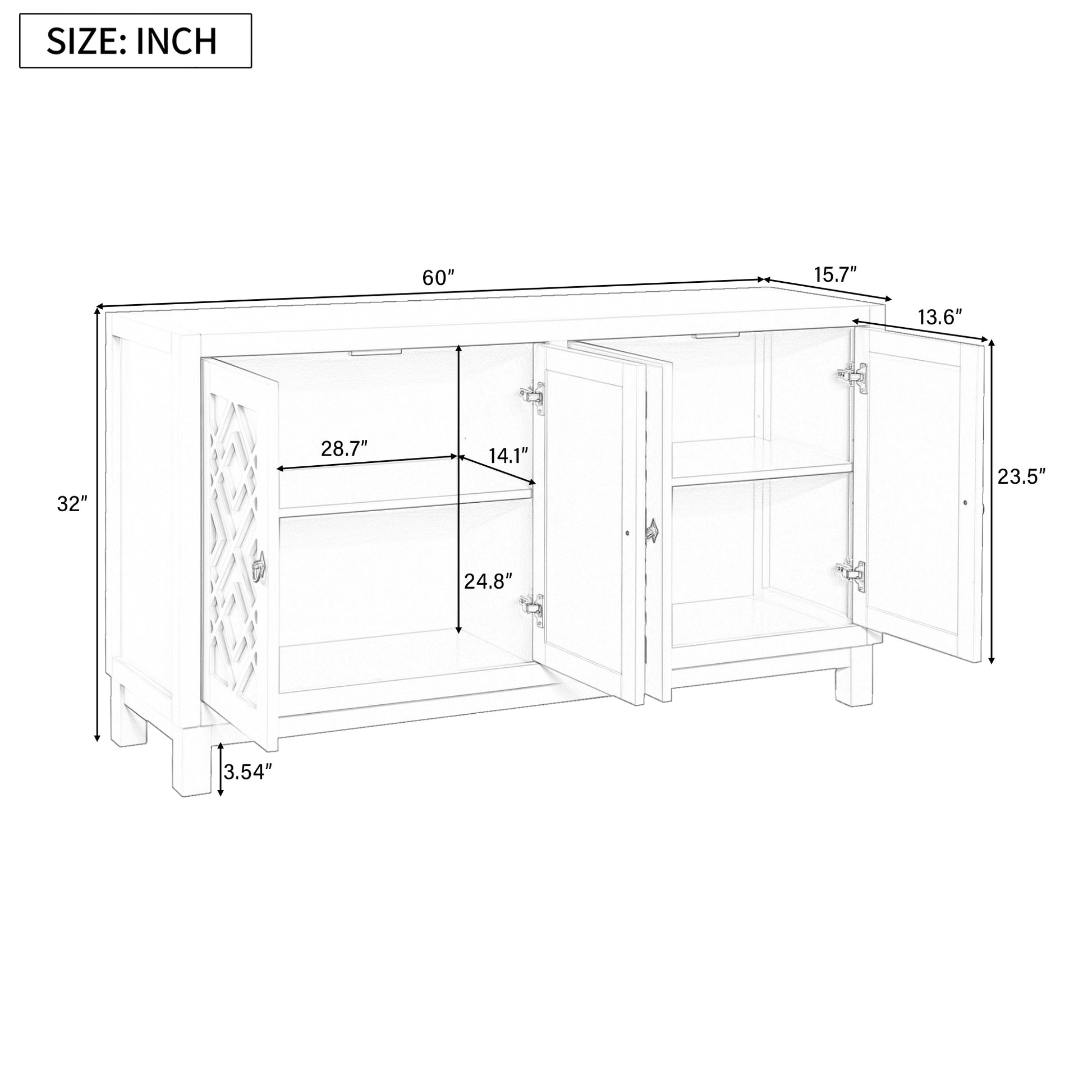 Large Storage Space Sideboard, 4 Door Buffet Cabinet With Pull Ring Handles For Living Room, Dining Room White White Mdf