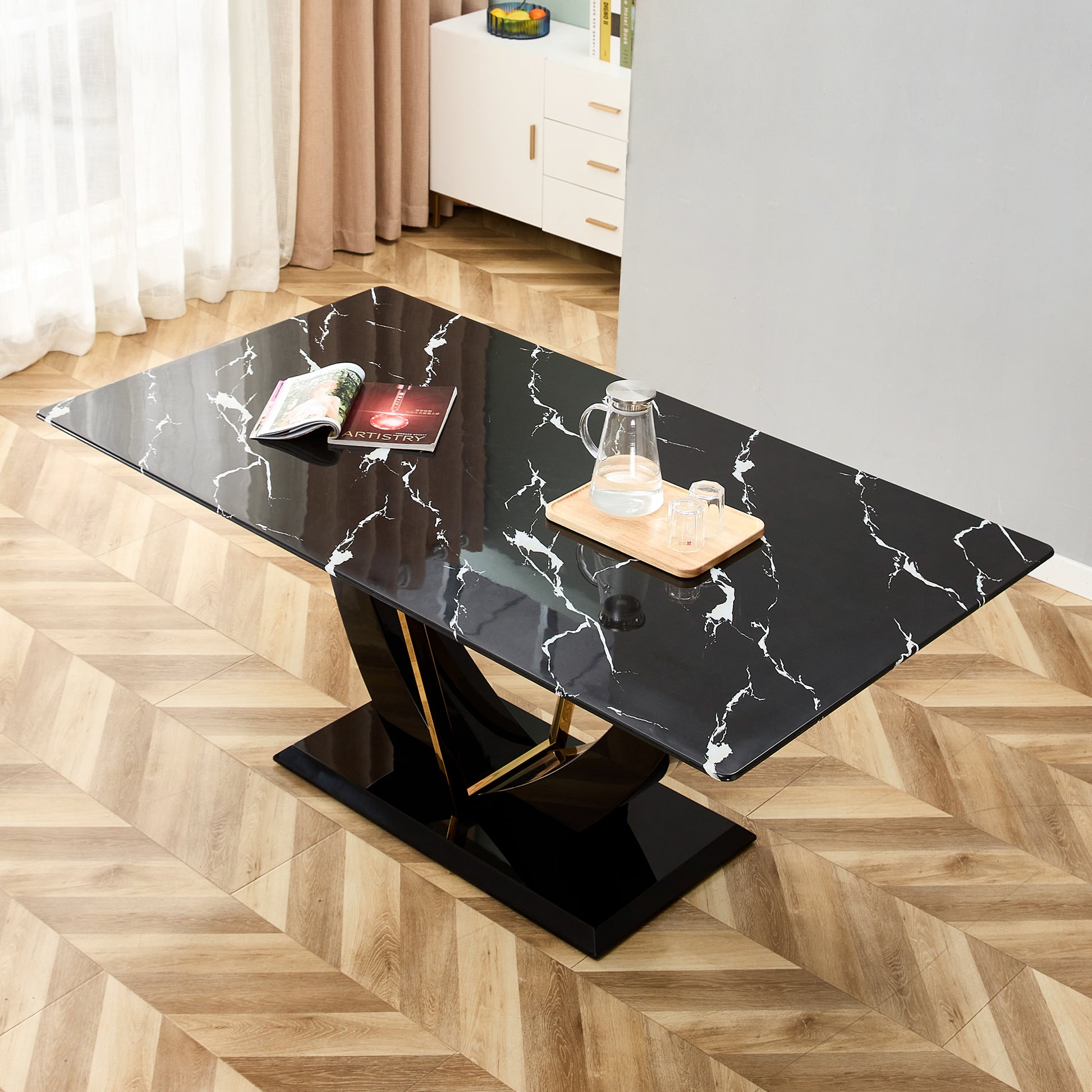 Modern Minimalist And Luxurious Black Imitation Marble Texture Dining Table Rectangular Office Desk.Game Desk .Desk.For Dining Room, Living Room, Terrace, Kitchen F 907 Black Mdf