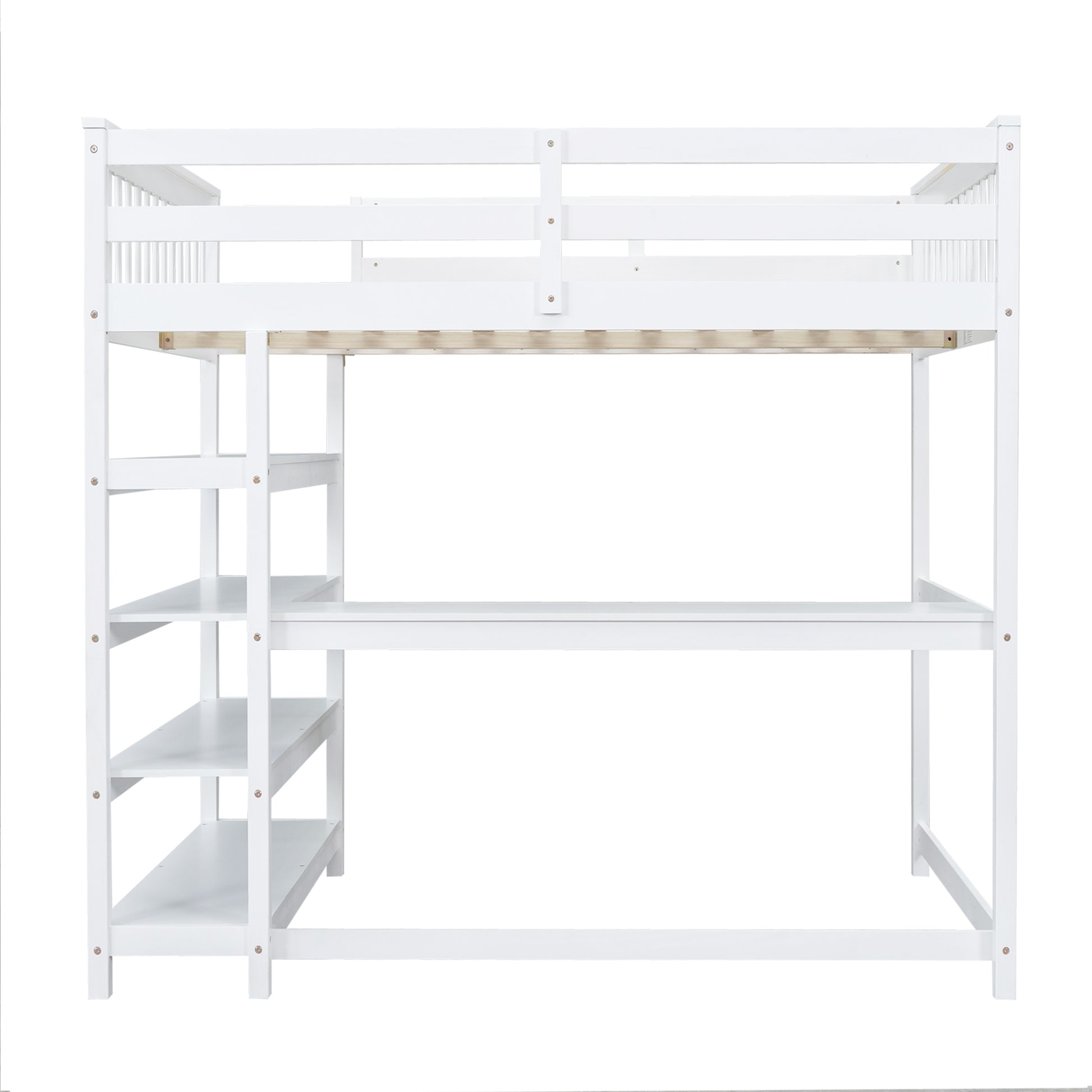 Full Size Loft Bed With Storage Shelves And Under Bed Desk, White Box Spring Not Required Full White Wood Bedroom Pine