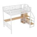 Full Size Metal Loft Bed With Desk, Storage Staircase And Small Wardrobe, Storage Stairs Can Be Installed Left And Right, White Box Spring Not Required Full White Metal Bedroom Bed Frame Metal