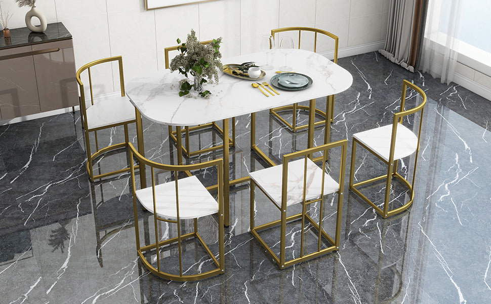 Modern 7 Piece Dining Table Set With Faux Marble Compact 55Inch Kitchen Table Set For 6, Golden White Metal Golden White Seats 6 Metal Dining Room Modern Dining Table With Chair Iron