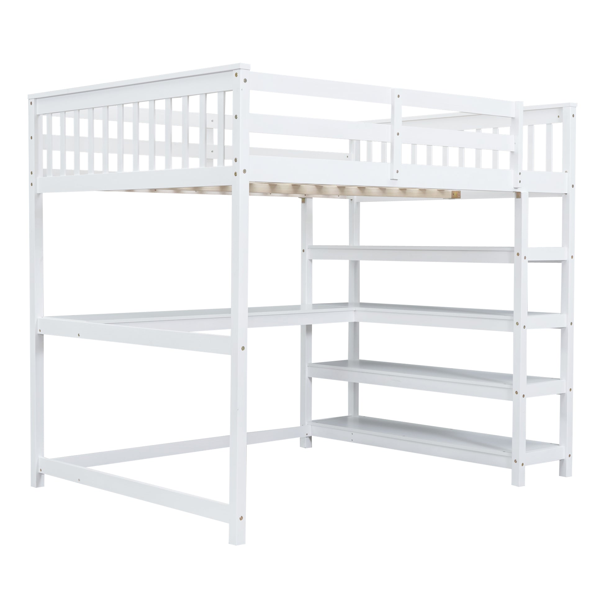 Full Size Loft Bed With Storage Shelves And Under Bed Desk, White Box Spring Not Required Full White Wood Bedroom Pine