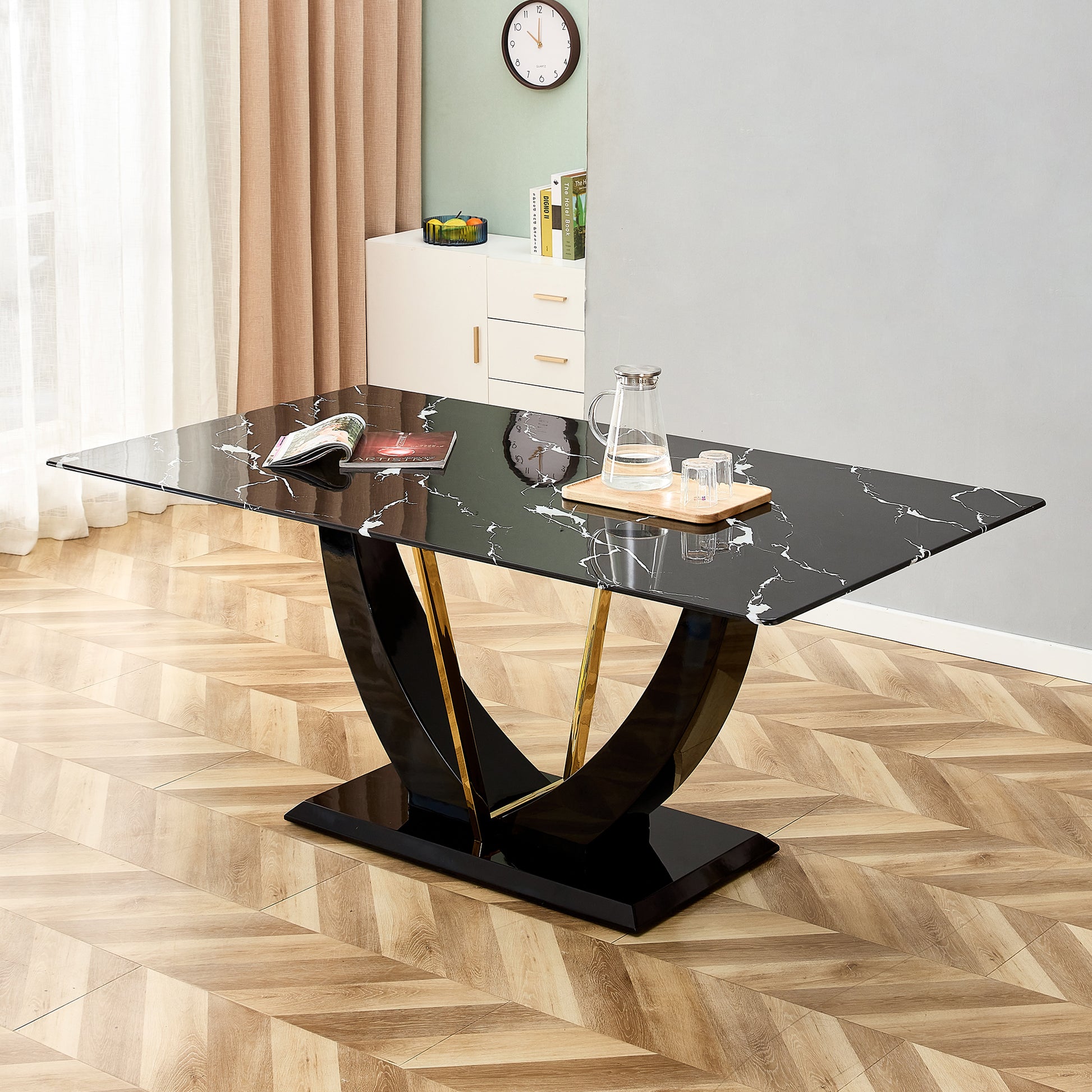 Modern Minimalist And Luxurious Black Imitation Marble Texture Dining Table Rectangular Office Desk.Game Desk .Desk.For Dining Room, Living Room, Terrace, Kitchen F 907 Black Mdf