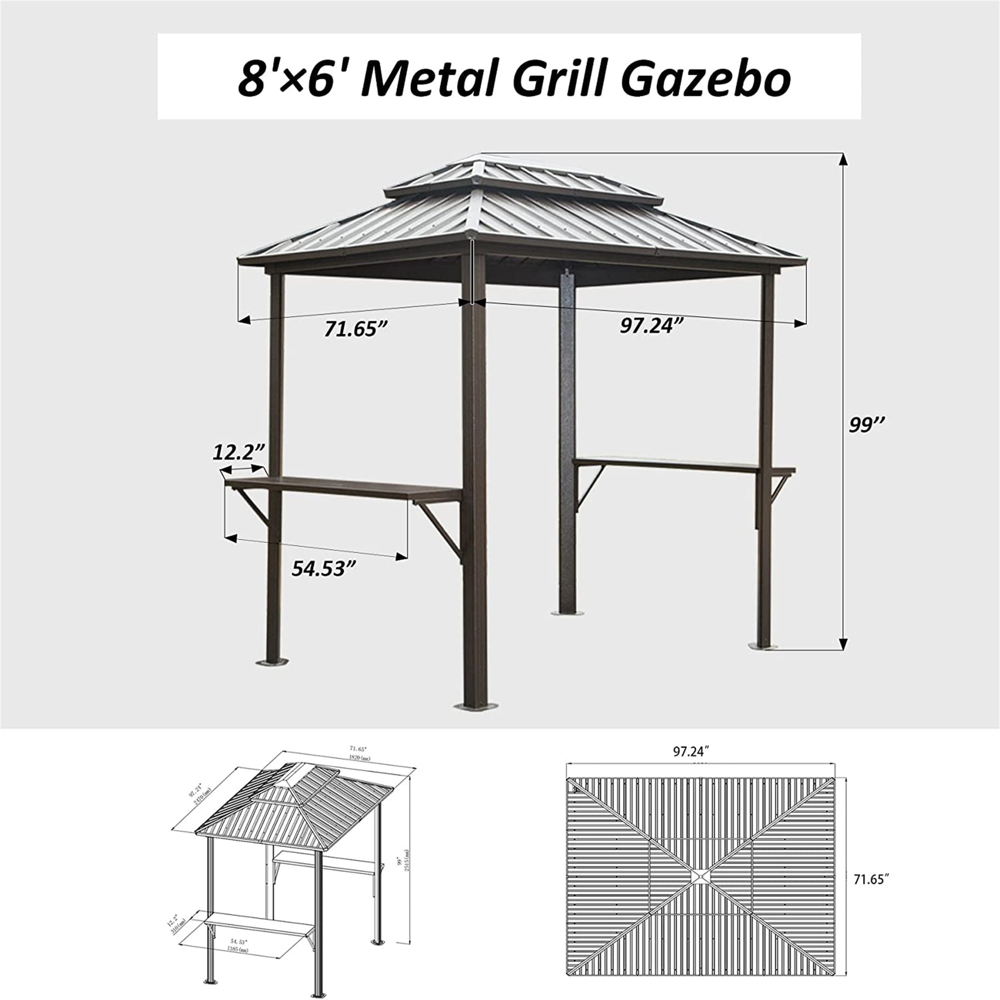 Grill Gazebo 8' 6', Aluminum Bbq Gazebo Outdoor Metal Frame With Shelves Serving Tables, Permanent Double Roof Hard Top Gazebos For Patio Lawn Deck Backyard And Garden Brown Brown Metal