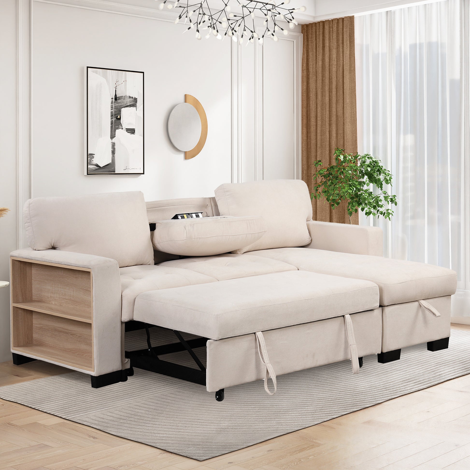 Stylish And Functional Light Chaise Lounge Sectional With Storage Rack Pull Out Bed Drop Down Table And Usb Charger Beige Beige Foam Spring