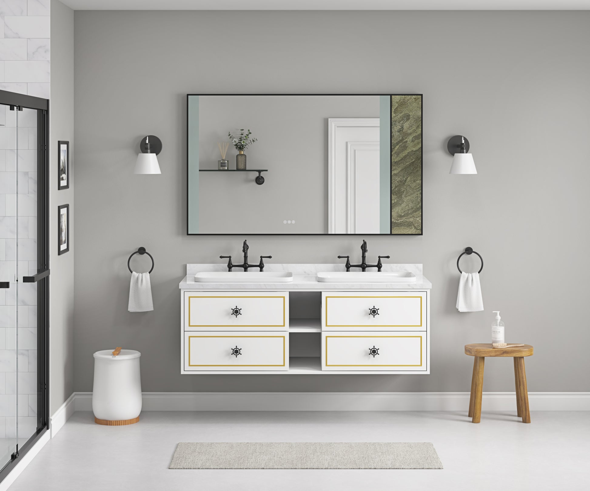 Wall Hung Doulble Sink Bath Vanity Cabinet Only in white-abs+steel(q235)+wood+pvc