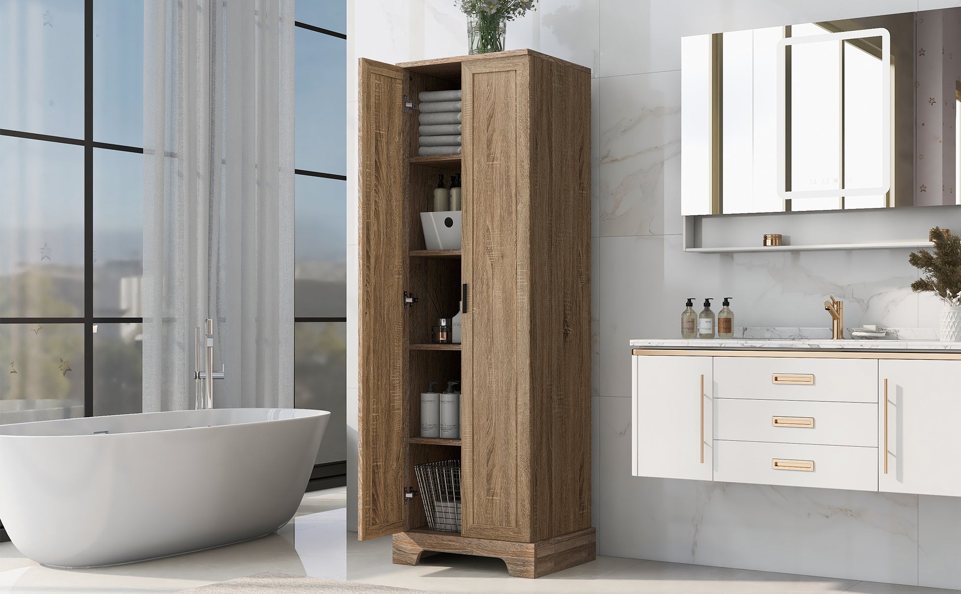 Storage Cabinet With Two Doors For Bathroom, Office, Adjustable Shelf, Mdf Board, Brown Old Sku:Wf302824Aad Brown Mdf