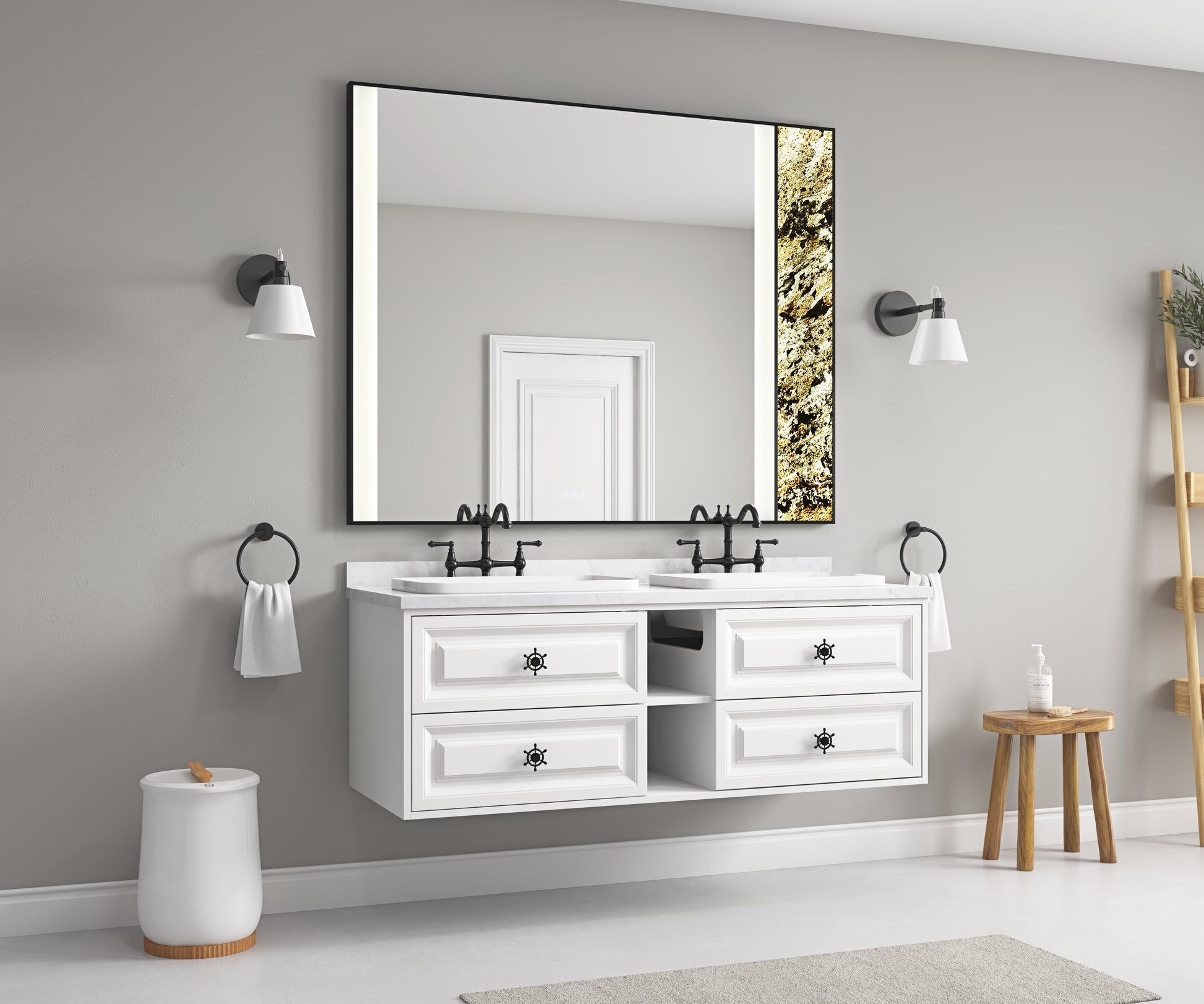 60X 48Inch Led Mirror Bathroom Vanity Mirror With Back Light, Wall Mount Anti Fog Memory Large Adjustable Vanity Mirrornatural Stone Decoration Decoration Follows Led Changes Matt Black Aluminium