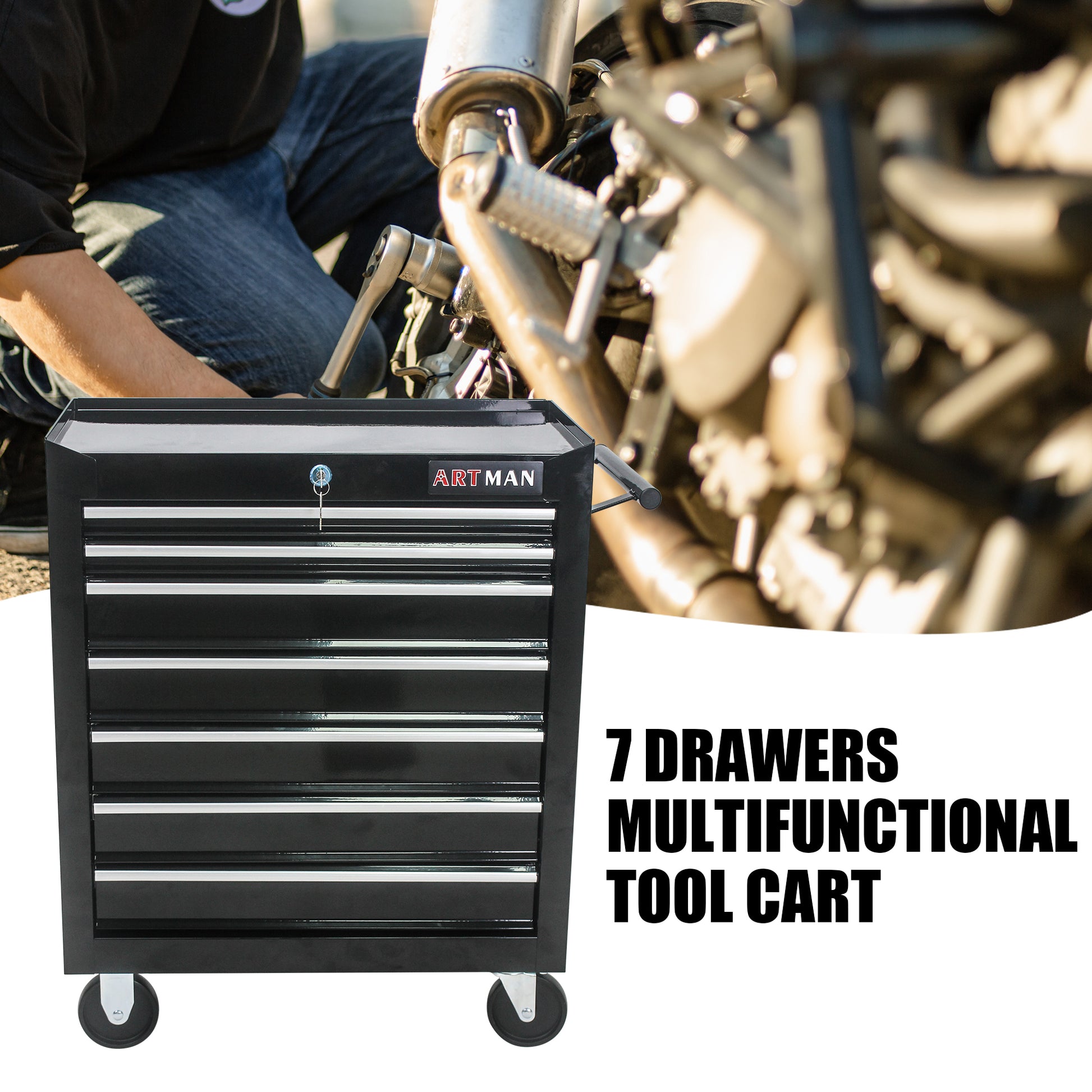 7 DRAWERS MULTIFUNCTIONAL TOOL CART WITH WHEELS BLACK black-steel