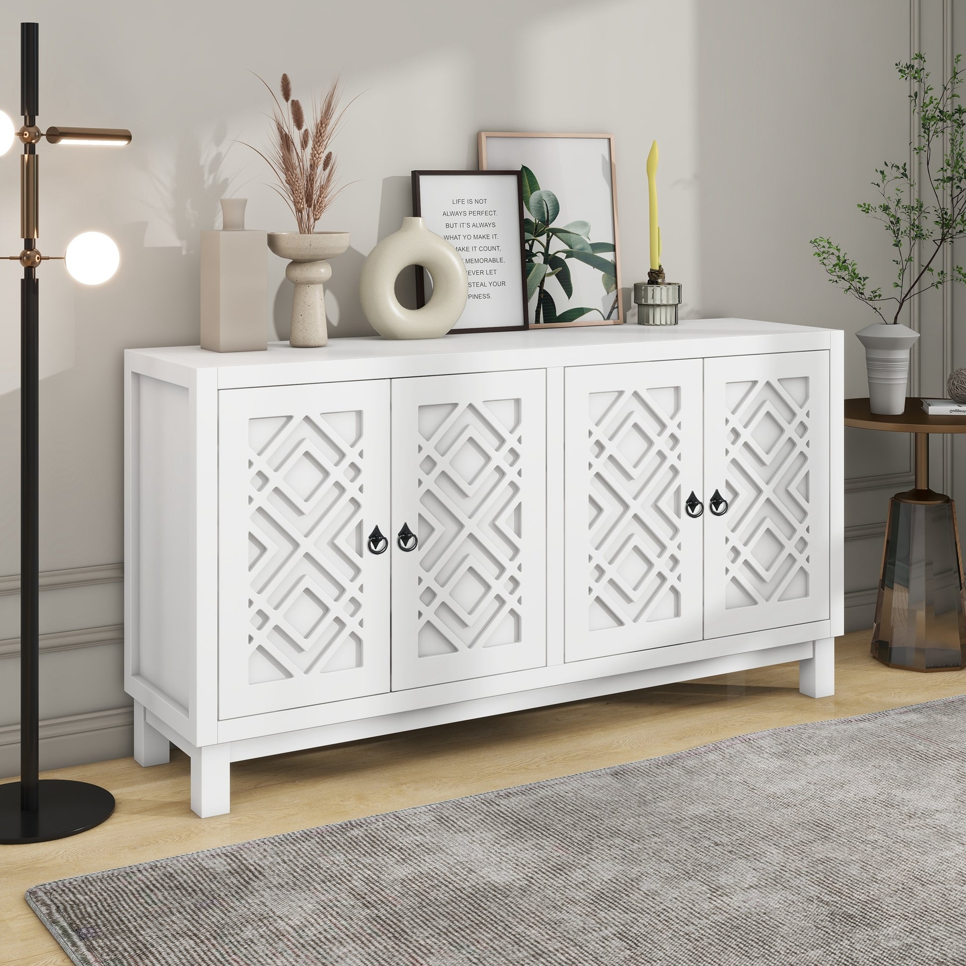 Large Storage Space Sideboard, 4 Door Buffet Cabinet With Pull Ring Handles For Living Room, Dining Room White White Mdf