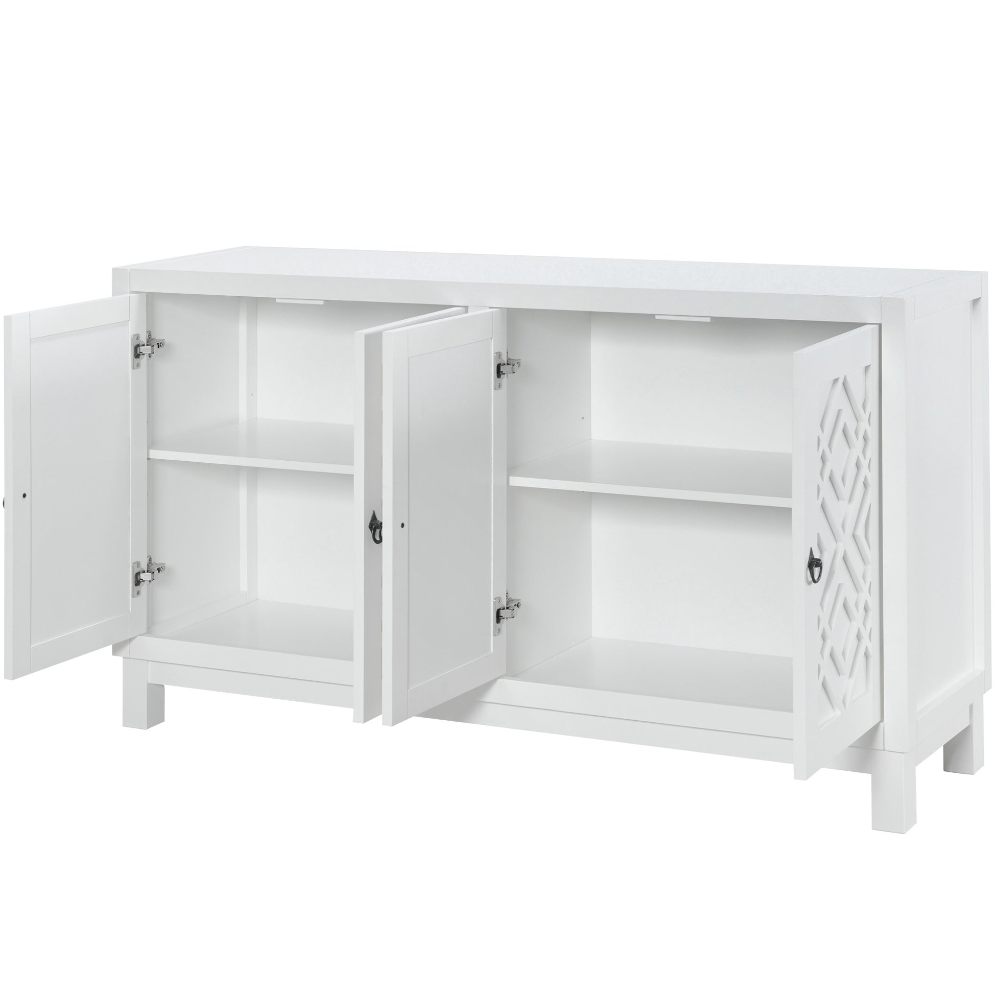 Large Storage Space Sideboard, 4 Door Buffet Cabinet With Pull Ring Handles For Living Room, Dining Room White White Mdf