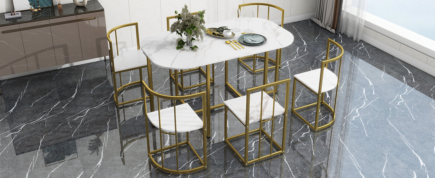 Modern 7 Piece Dining Table Set With Faux Marble Compact 55Inch Kitchen Table Set For 6, Golden White Metal Golden White Seats 6 Metal Dining Room Modern Dining Table With Chair Iron