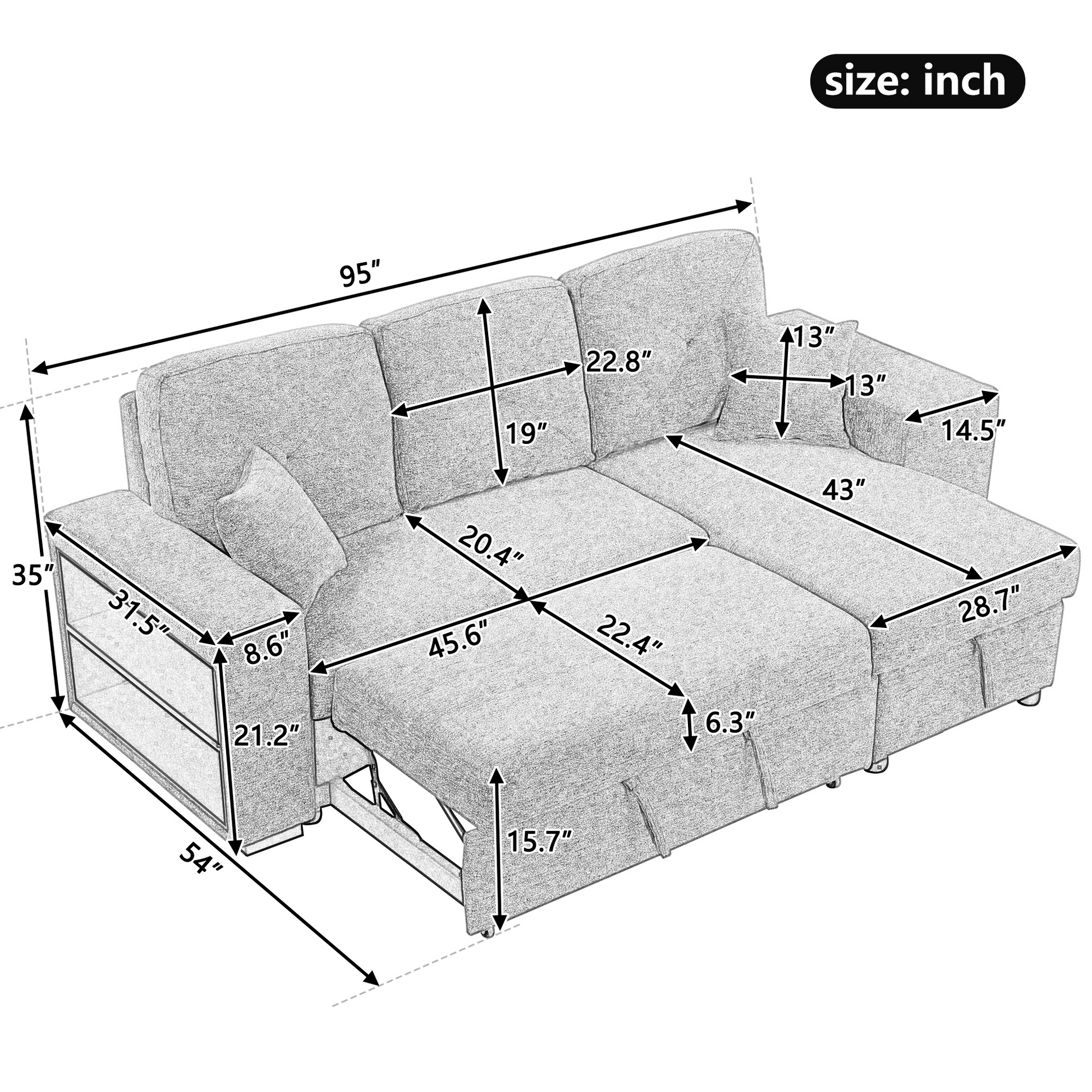 Reversible Sleeper Sectional Sofa Bed With Side Shelf And 2 Stools,Pull Out L Shaped Sofa Bed,Corner Sofa Bed With Storage Chaise Left Right Hande For Living Room,Knox Charcoal Knox Charcoal Foam Velvet 3 Seat