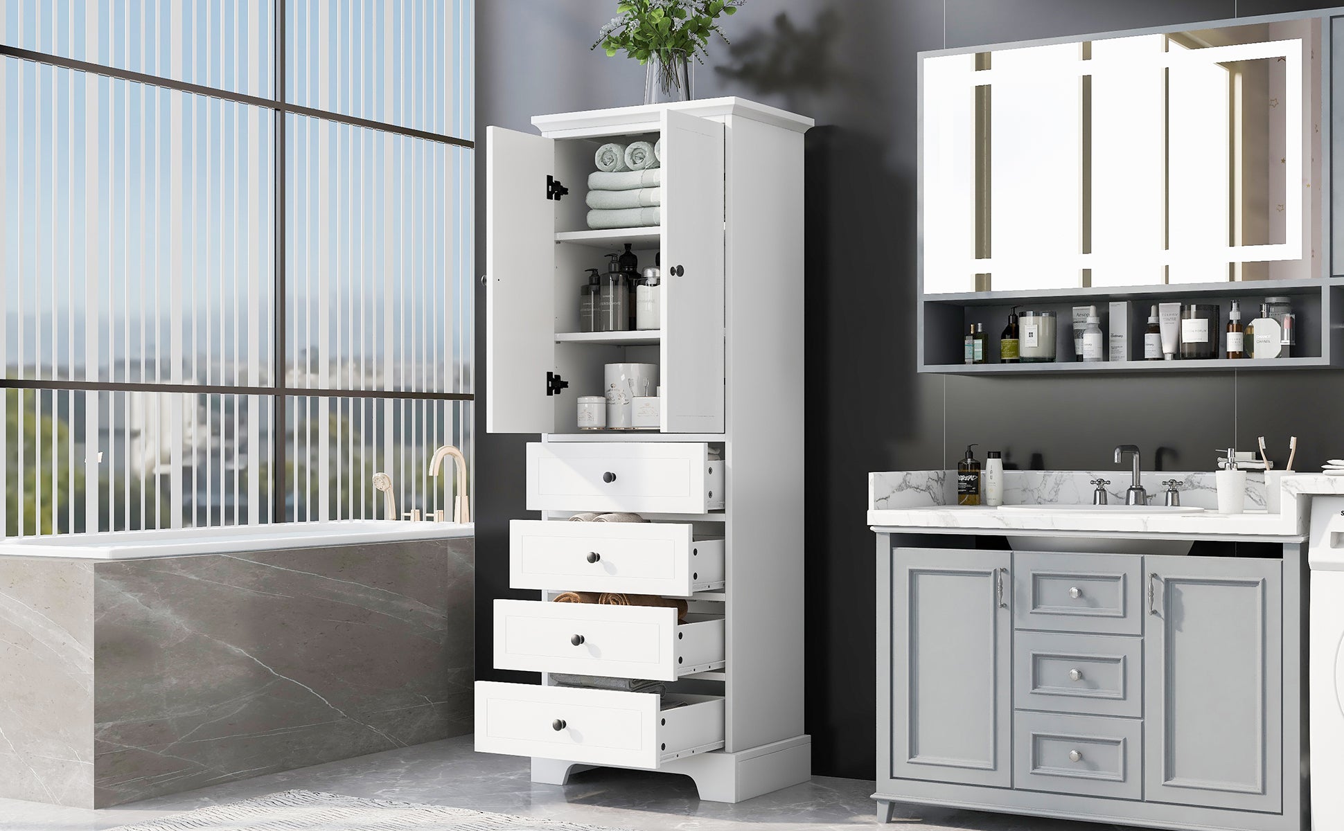 Storage Cabinet with 2 Doors and 4 Drawers for white-mdf