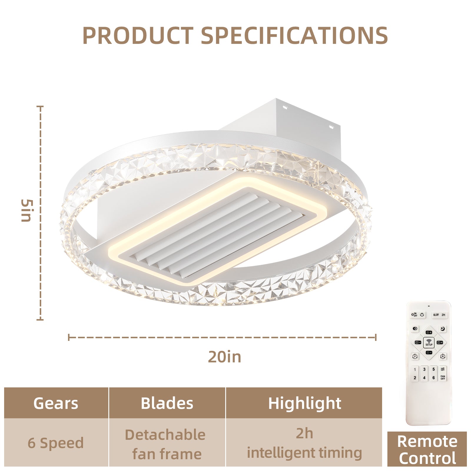 20Inch Modern Leafless Ceiling Fan With Remote Control Removable And Washable, Reversible Motor White Modern Iron