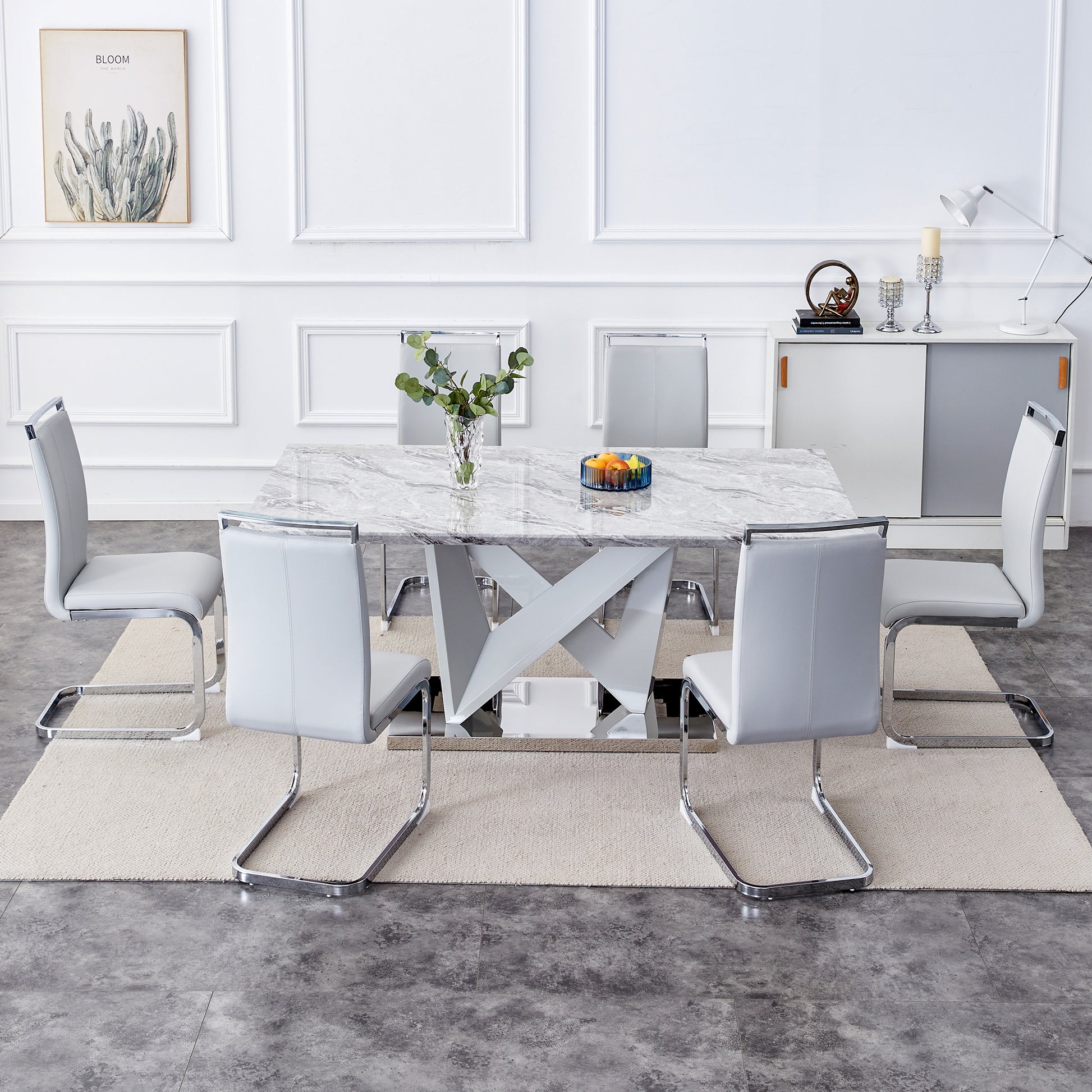 Modern Grey Mdf Faux Marble Dining Table With White Double V Shaped Supports And Plating Metal Base Spacious, Easy To Clean, Perfect For 6 8 People. F Vv Grey Mdf