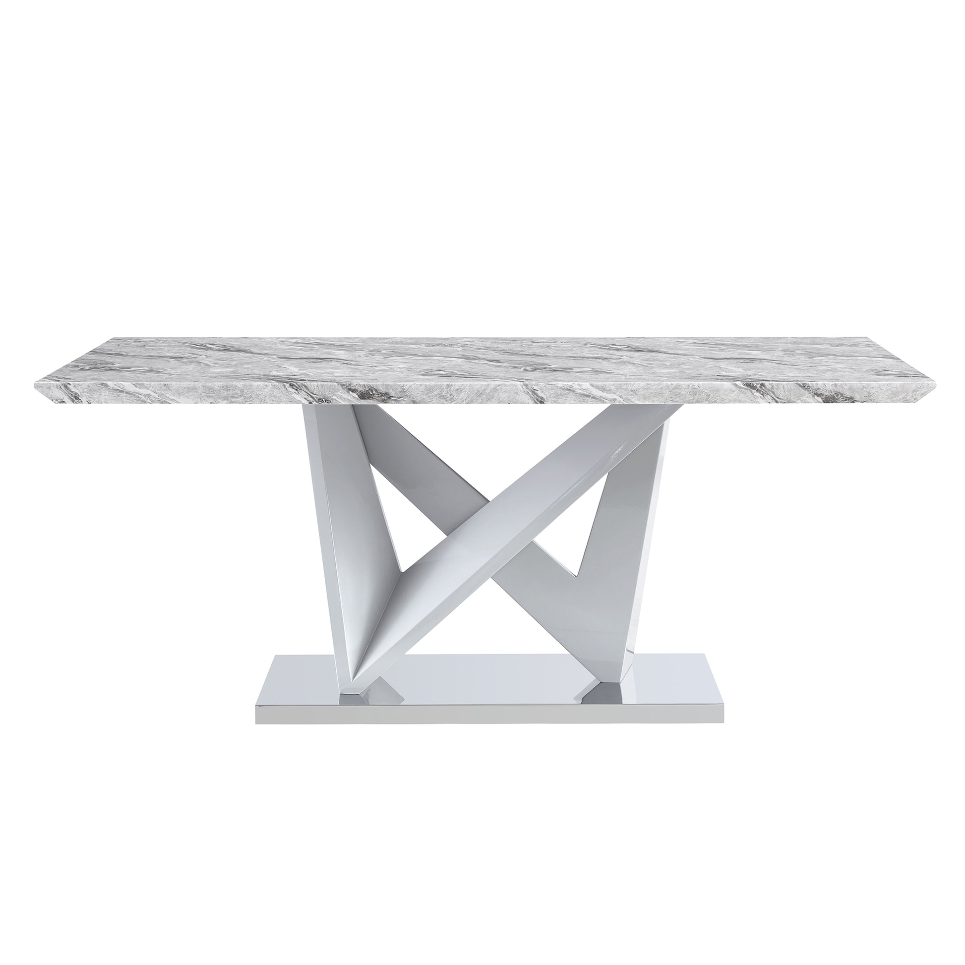 Modern Grey Mdf Faux Marble Dining Table With White Double V Shaped Supports And Plating Metal Base Spacious, Easy To Clean, Perfect For 6 8 People. F Vv Grey Mdf