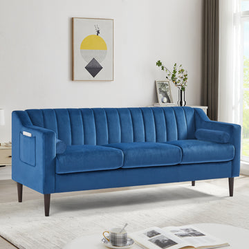 Modern Chesterfield Sofa Couch, Comfortable Upholstered Sofa With Velvet Fabric And Wooden Frame And Wood Legs For Living Room Bedroom Office Blue 3 Seats Blue Fabric