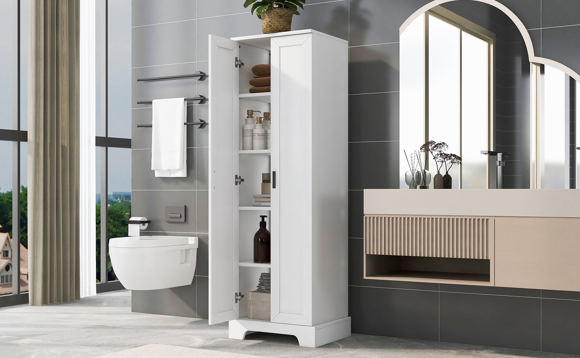 Storage Cabinet With Two Doors For Bathroom, Office, Adjustable Shelf, Mdf Board, White Old Sku:Wf302824Aak White Mdf