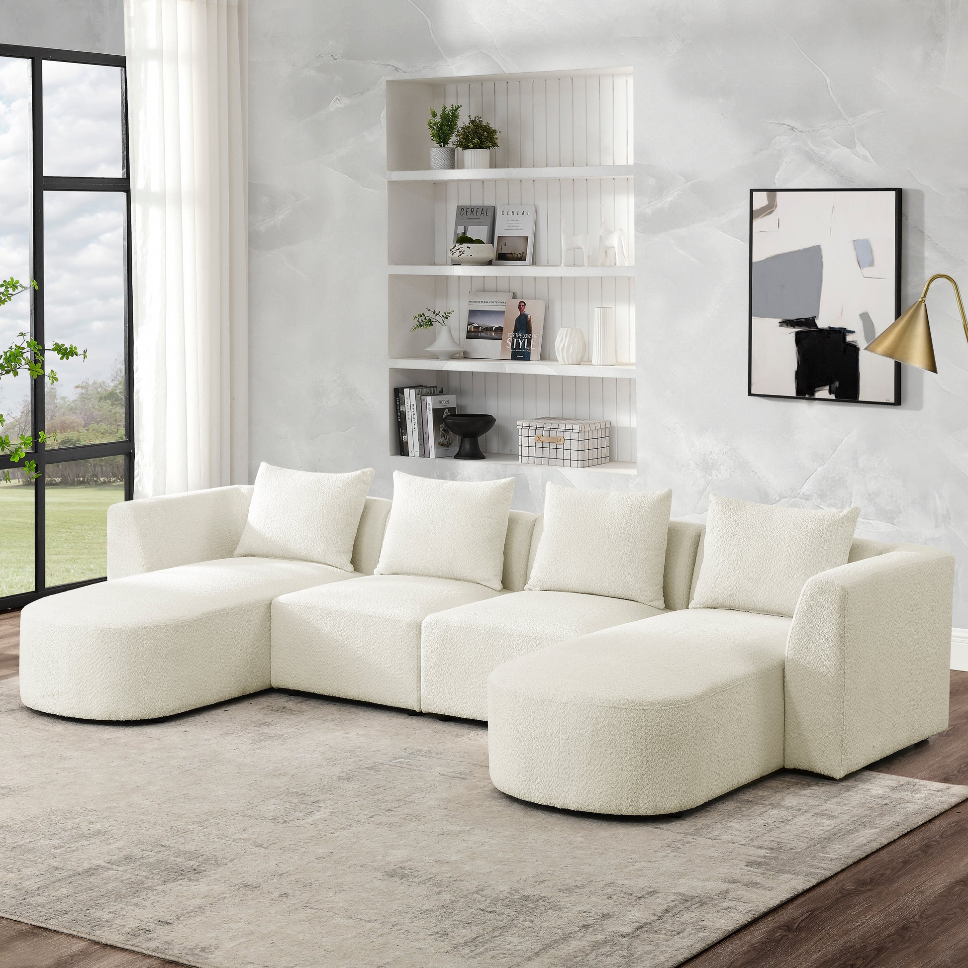 U Shape Sectional Sofa Including Two Single Seats And Two Chaises, Modular Sofa, Diy Combination, Loop Yarn Fabric, Beige Ivory Wood Medium Soft Tight Back Eucalyptus Square Arms Polyester 5 Seat