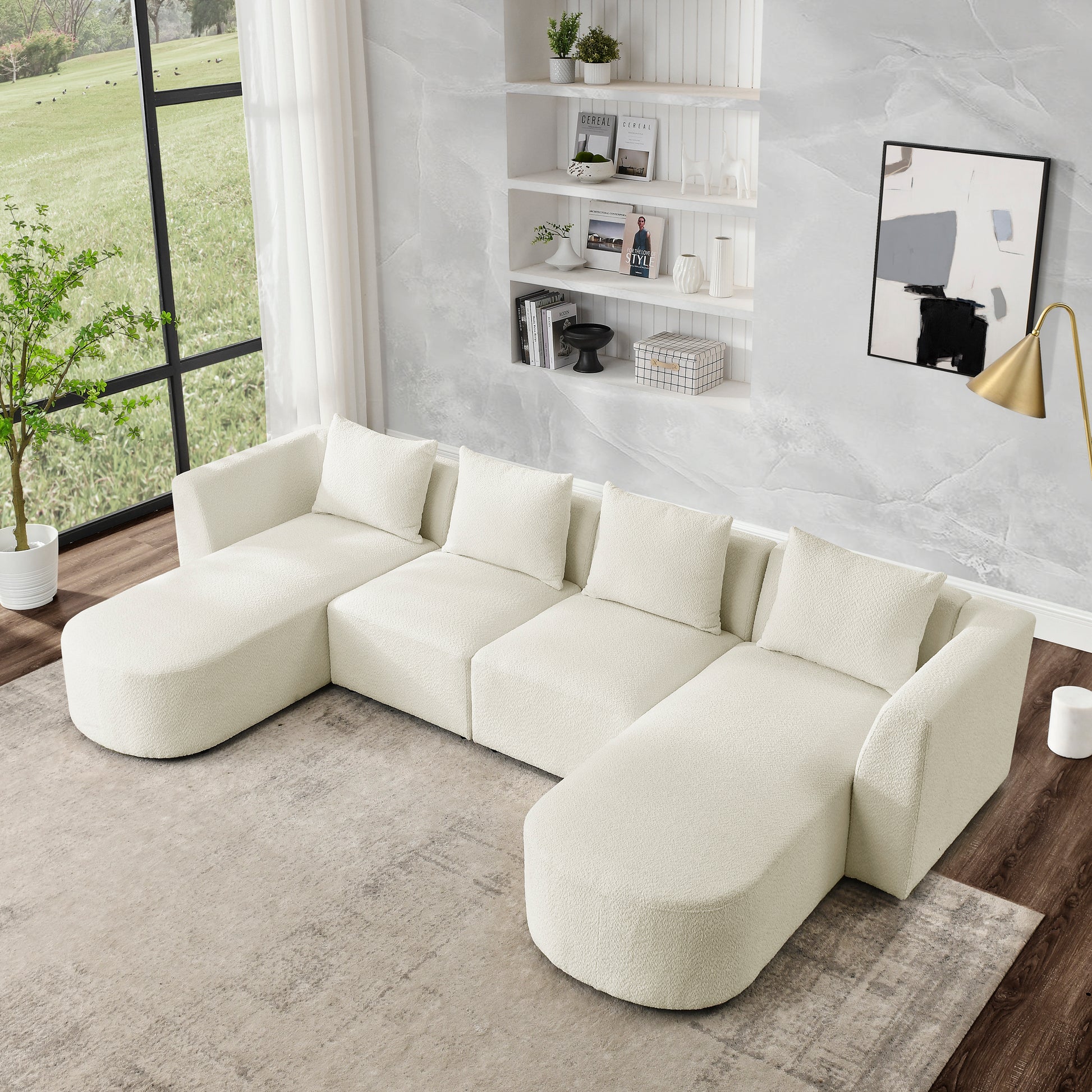 U Shape Sectional Sofa Including Two Single Seats And Two Chaises, Modular Sofa, Diy Combination, Loop Yarn Fabric, Beige Ivory Wood Medium Soft Tight Back Eucalyptus Square Arms Polyester 5 Seat