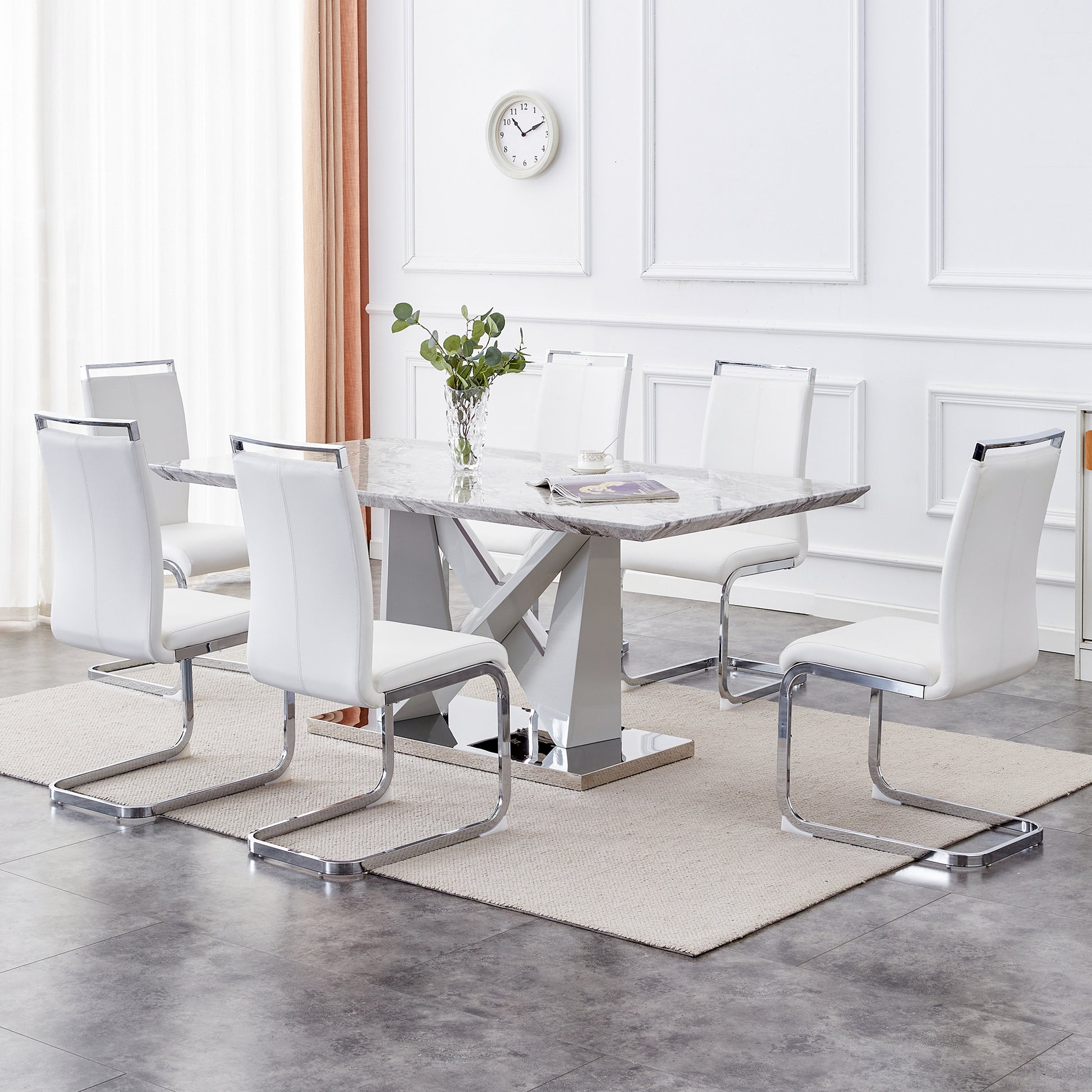 Modern Grey Mdf Faux Marble Dining Table With White Double V Shaped Supports And Plating Metal Base Spacious, Easy To Clean, Perfect For 6 8 People. F Vv Grey Mdf