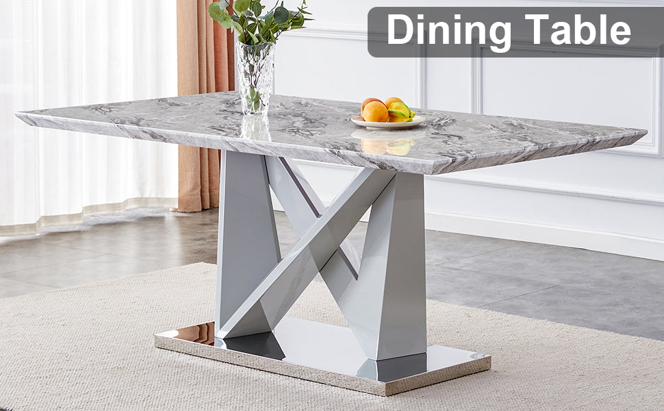 Modern Grey Mdf Faux Marble Dining Table With White Double V Shaped Supports And Plating Metal Base Spacious, Easy To Clean, Perfect For 6 8 People. F Vv Grey Mdf