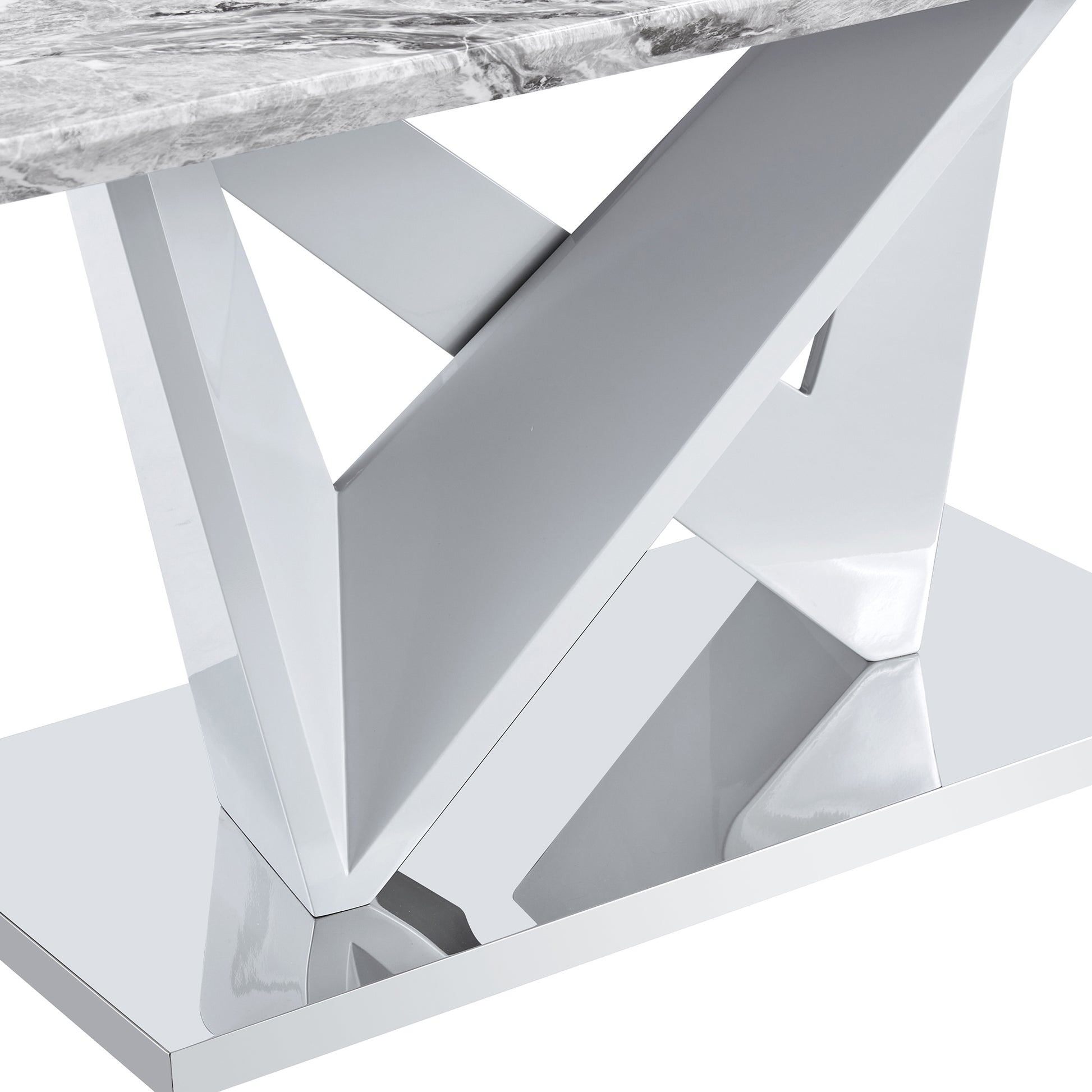 Modern Grey Mdf Faux Marble Dining Table With White Double V Shaped Supports And Plating Metal Base Spacious, Easy To Clean, Perfect For 6 8 People. F Vv Grey Mdf