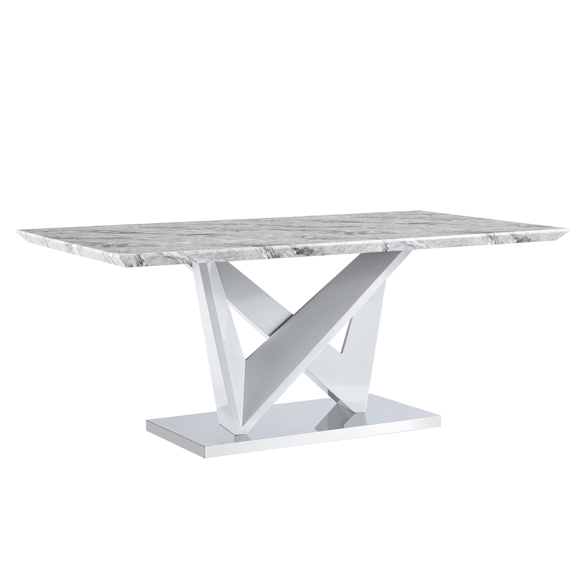 Modern Grey Mdf Faux Marble Dining Table With White Double V Shaped Supports And Plating Metal Base Spacious, Easy To Clean, Perfect For 6 8 People. F Vv Grey Mdf