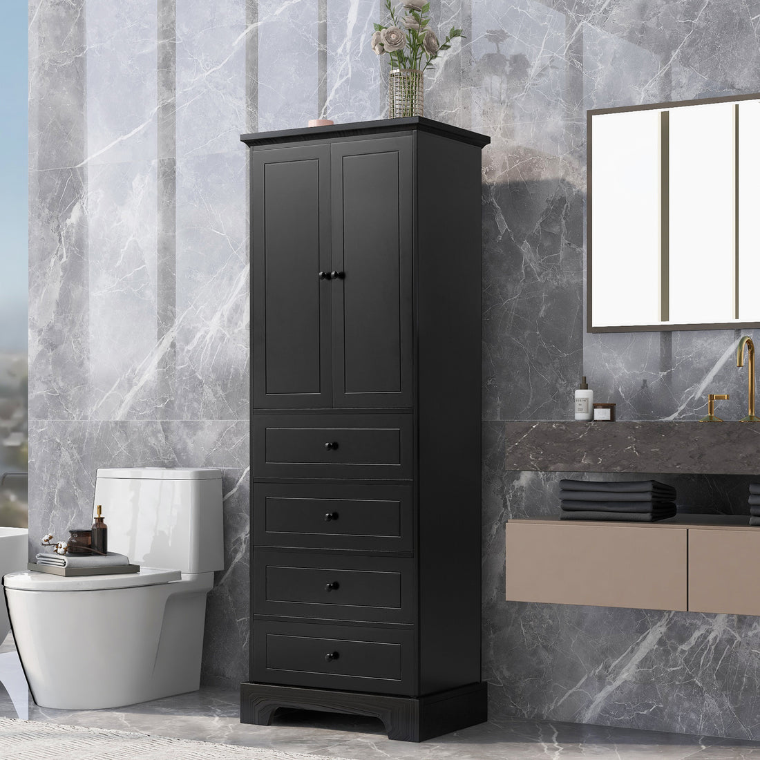 Storage Cabinet With 2 Doors And 4 Drawers For Bathroom, Office, Adjustable Shelf, Mdf Board With Painted Finish, Black Black Mdf