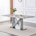 Modern Grey Mdf Faux Marble Dining Table With White Double V Shaped Supports And Plating Metal Base Spacious, Easy To Clean, Perfect For 6 8 People. F Vv Grey Mdf