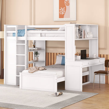 Full Size Loft Bed With A Twin Size Stand Alone Bed, Shelves,Desk,And Wardrobe White White Solid Wood