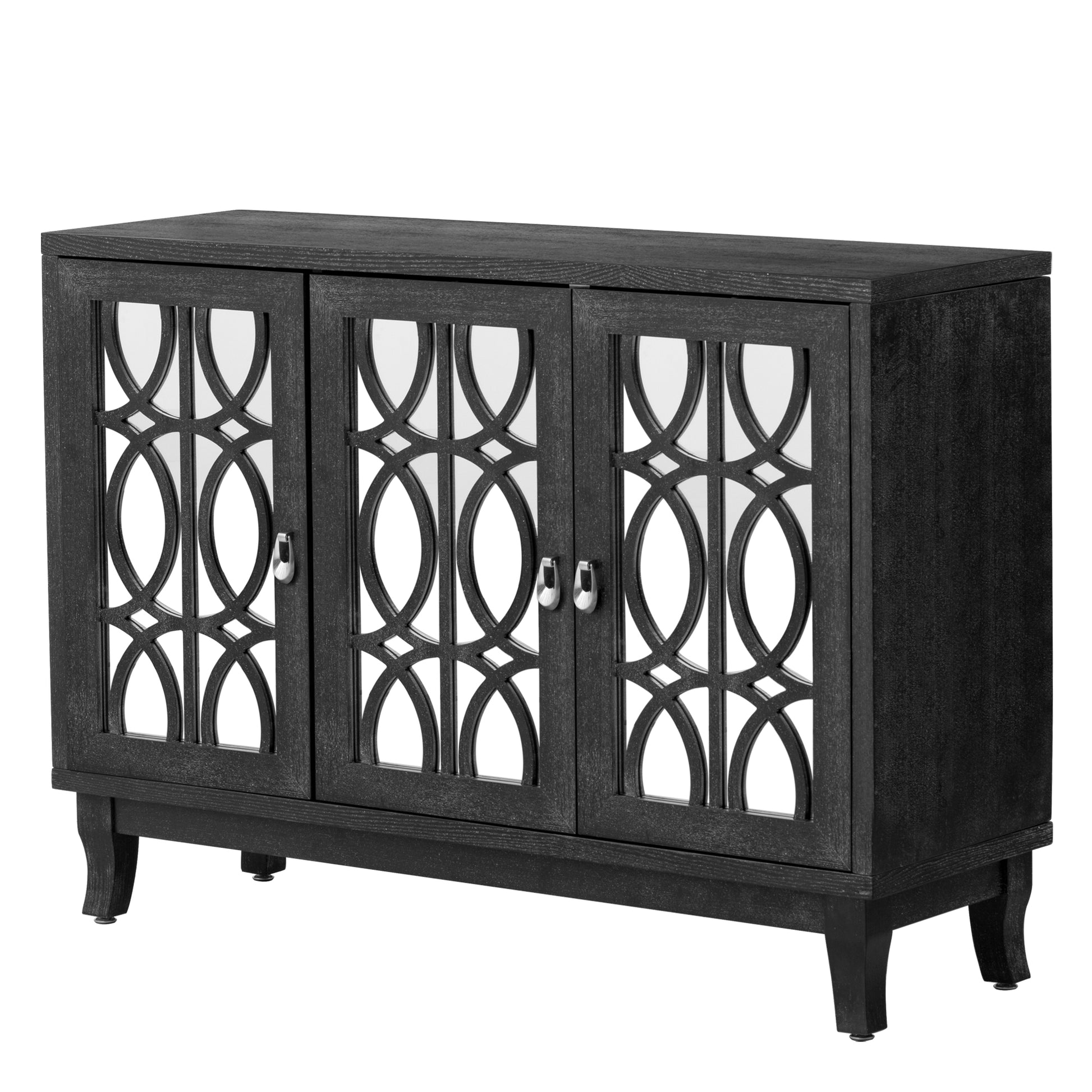 Sideboard With Glass Doors, 3 Door Mirrored Buffet Cabinet With Silver Handle For Living Room, Hallway, Dining Room Black Black Mdf