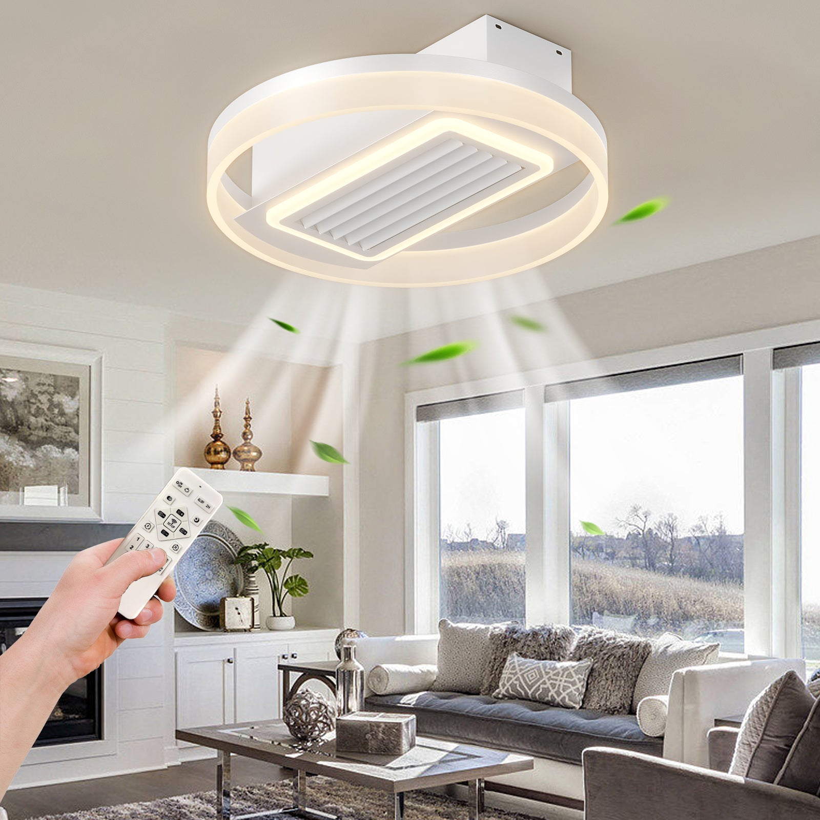 20Inch Modern Leafless Ceiling Fan With Remote Control Removable And Washable, Reversible Motor White Modern Iron