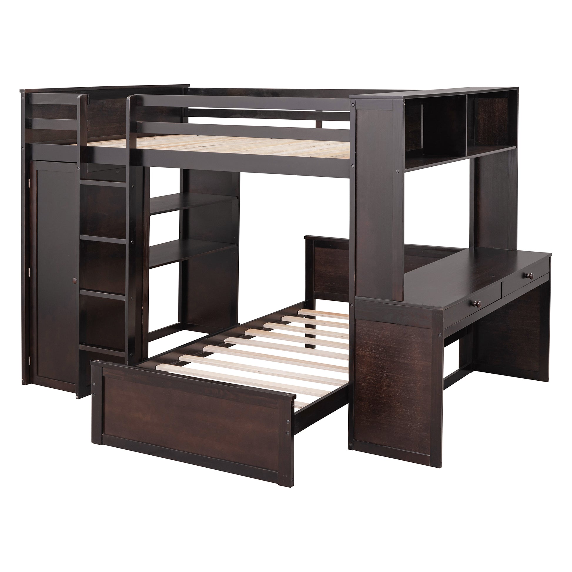 Full Size Loft Bed With A Twin Size Stand Alone Bed, Shelves,Desk,And Wardrobe Espresso Espresso Solid Wood