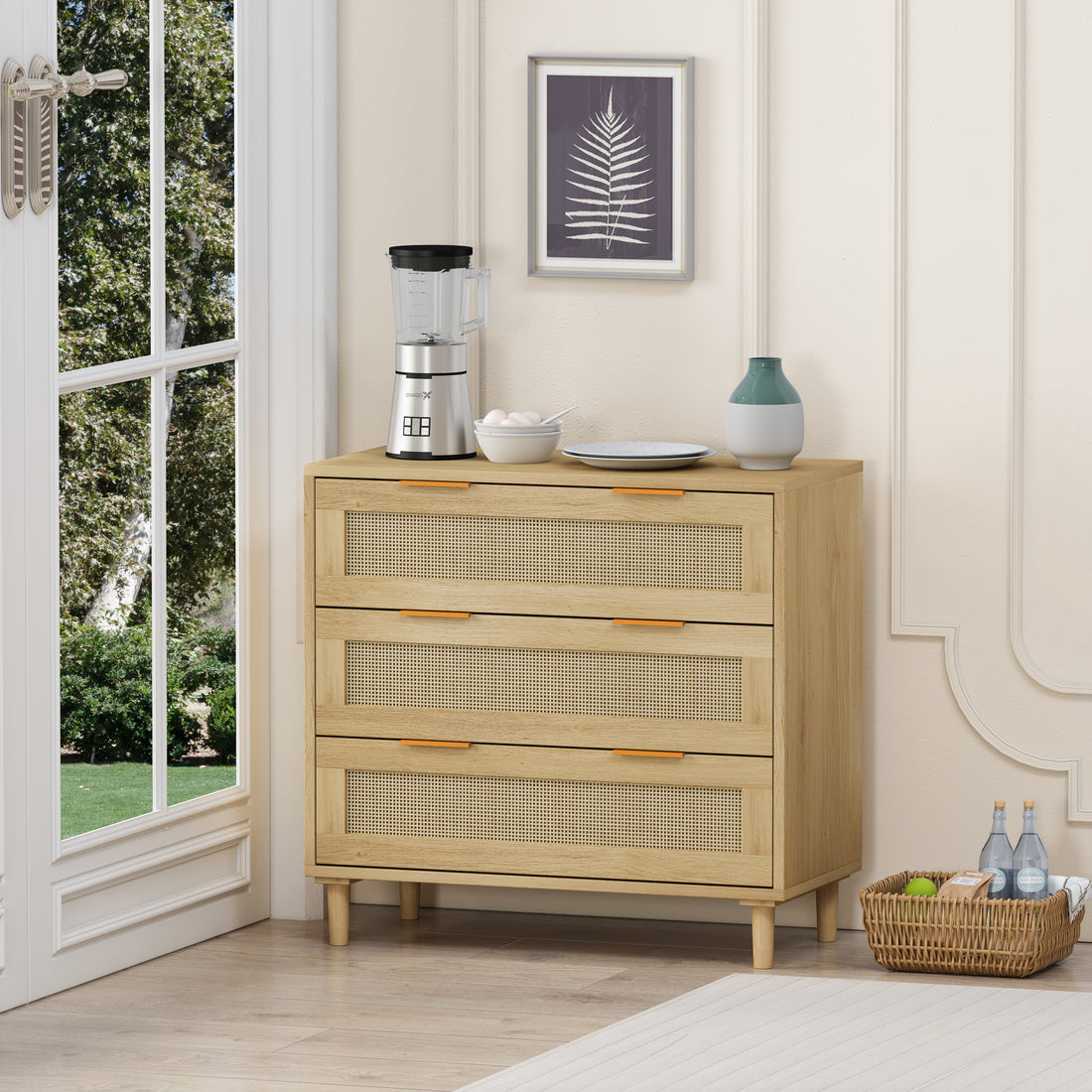 31.50"3 Drawers Rattan Storage Cabinet Rattan Drawer,For Bedroom,Living Room,Dining Room,Hallways,Oak Oak Mdf