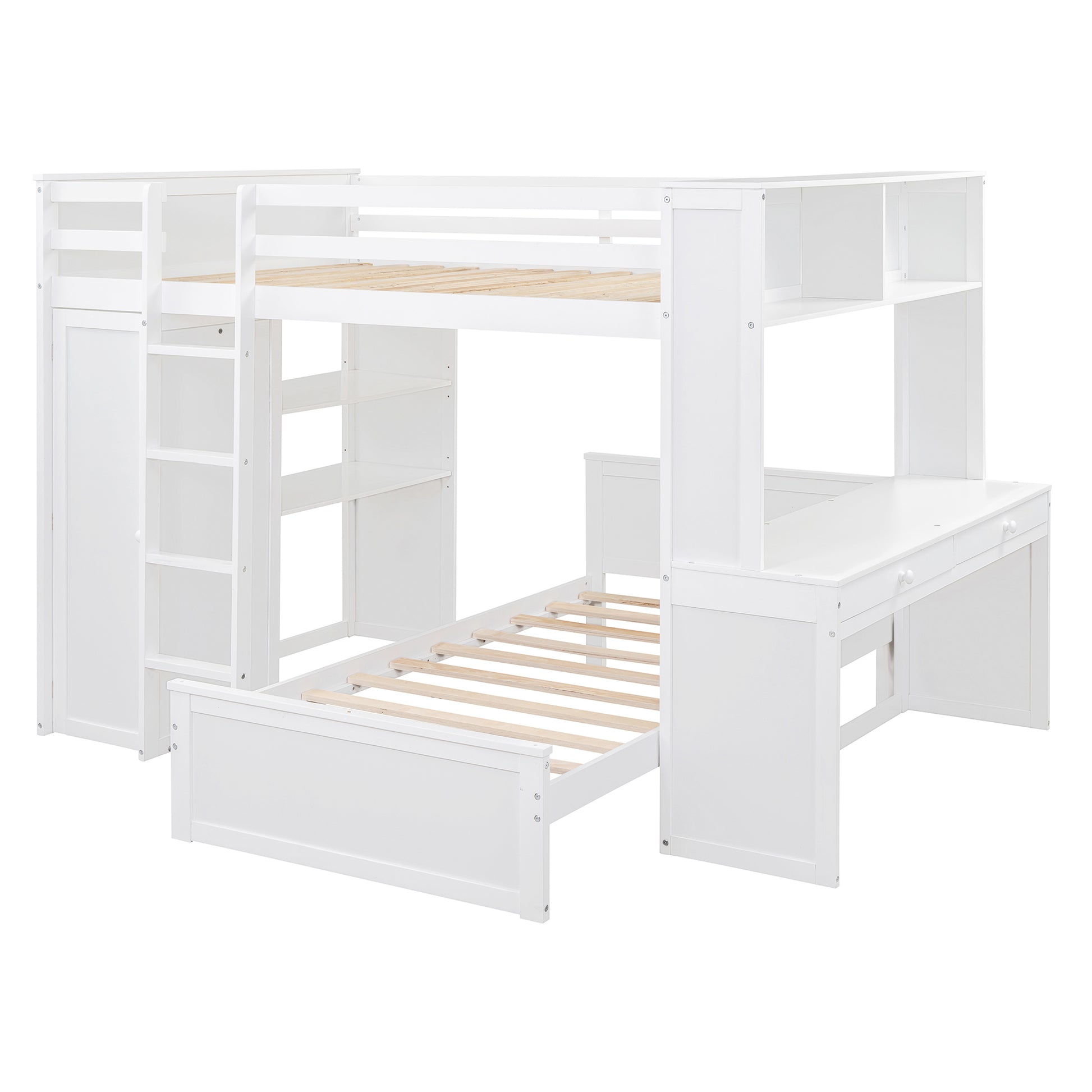 Full Size Loft Bed With A Twin Size Stand Alone Bed, Shelves,Desk,And Wardrobe White White Solid Wood