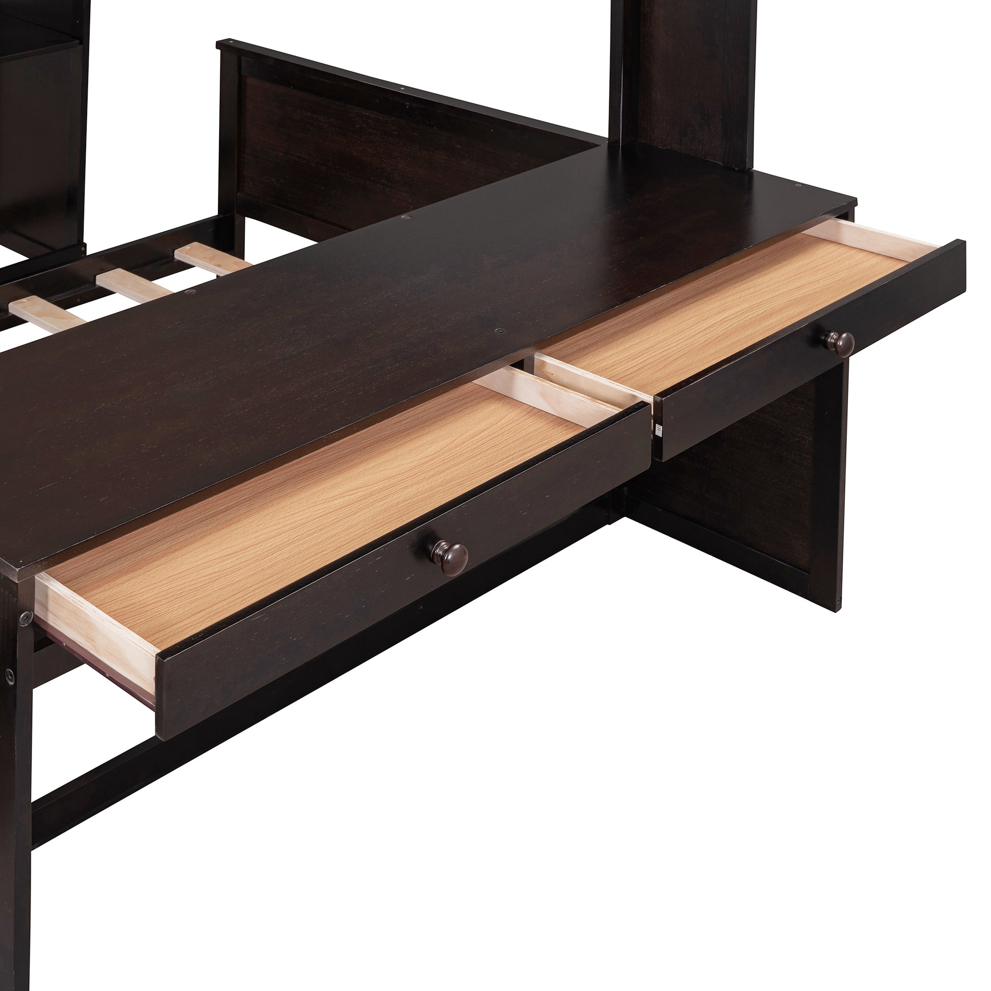 Full Size Loft Bed With A Twin Size Stand Alone Bed, Shelves,Desk,And Wardrobe Espresso Espresso Solid Wood