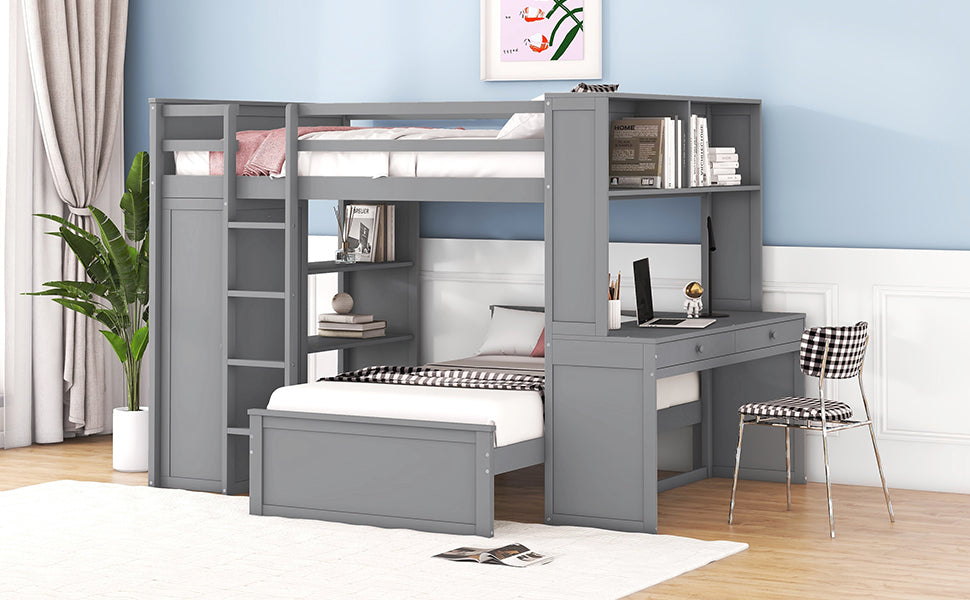 Full Size Loft Bed With A Twin Size Stand Alone Bed, Shelves,Desk,And Wardrobe Gray Gray Solid Wood