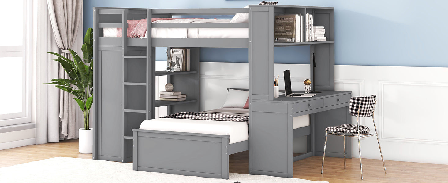 Full Size Loft Bed With A Twin Size Stand Alone Bed, Shelves,Desk,And Wardrobe Gray Gray Solid Wood