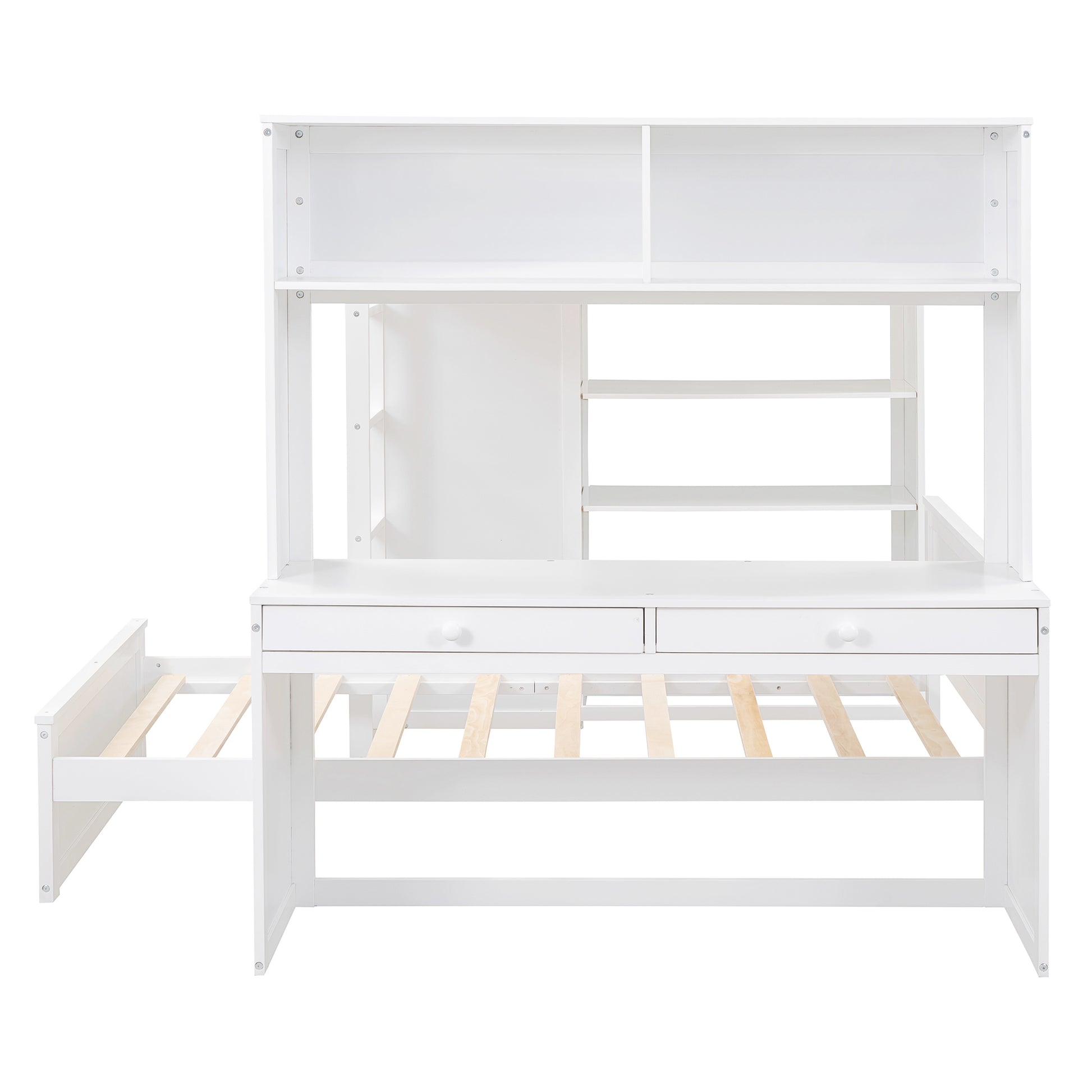 Full Size Loft Bed With A Twin Size Stand Alone Bed, Shelves,Desk,And Wardrobe White White Solid Wood