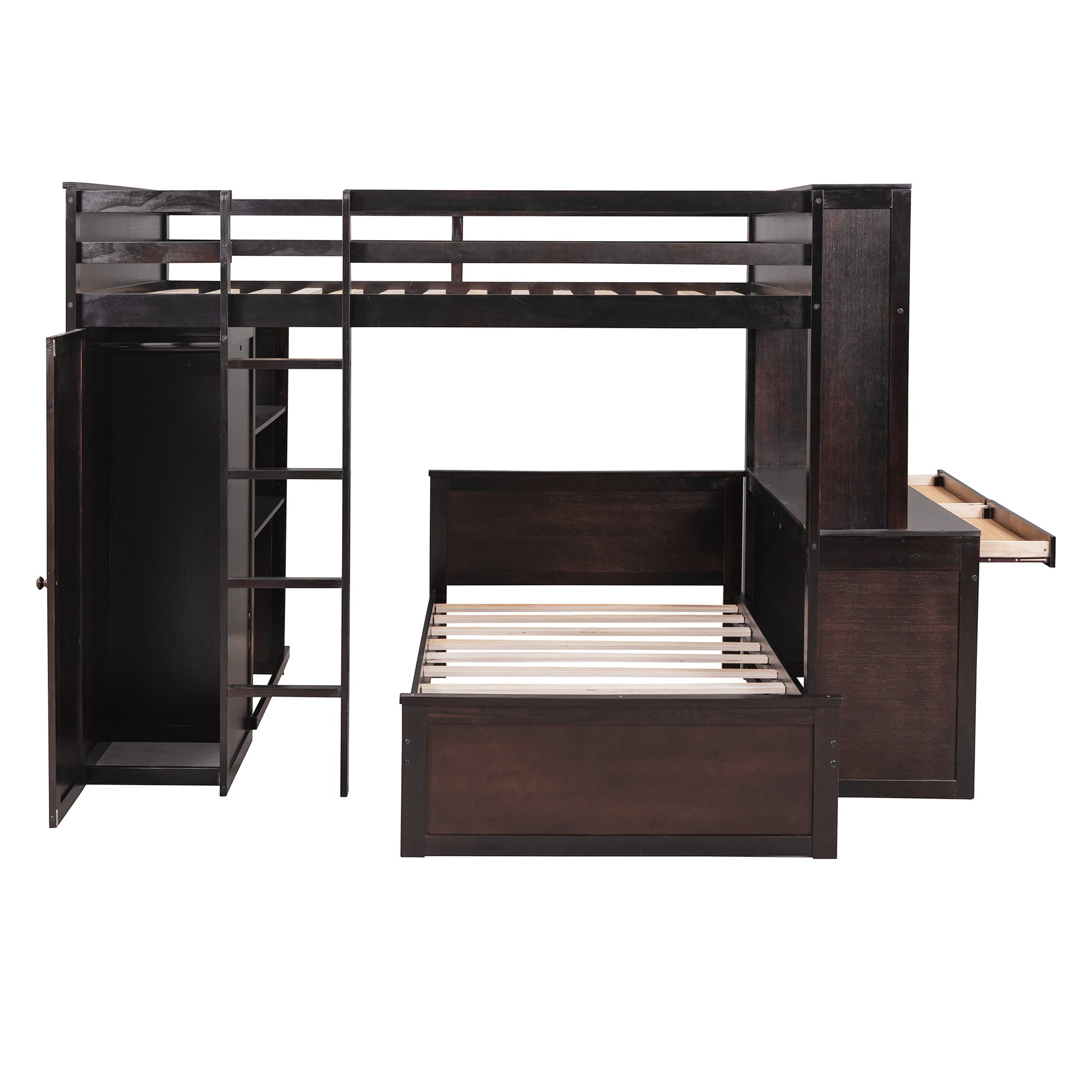 Full Size Loft Bed With A Twin Size Stand Alone Bed, Shelves,Desk,And Wardrobe Espresso Espresso Solid Wood
